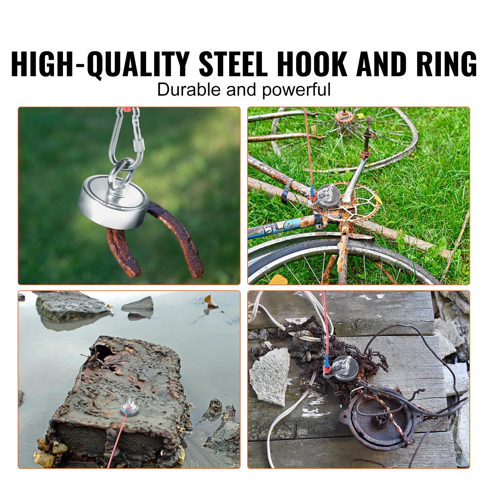 VEVOR Magnet Fishing Kit, 1200lbs Pulling Force Double Sided Fishing Magnets, 2.95inch Diameter Magnet with Rope, Grappling Hook, Gloves, Waterproof Case, Threadlocker, Eye Bolt, for Fishing