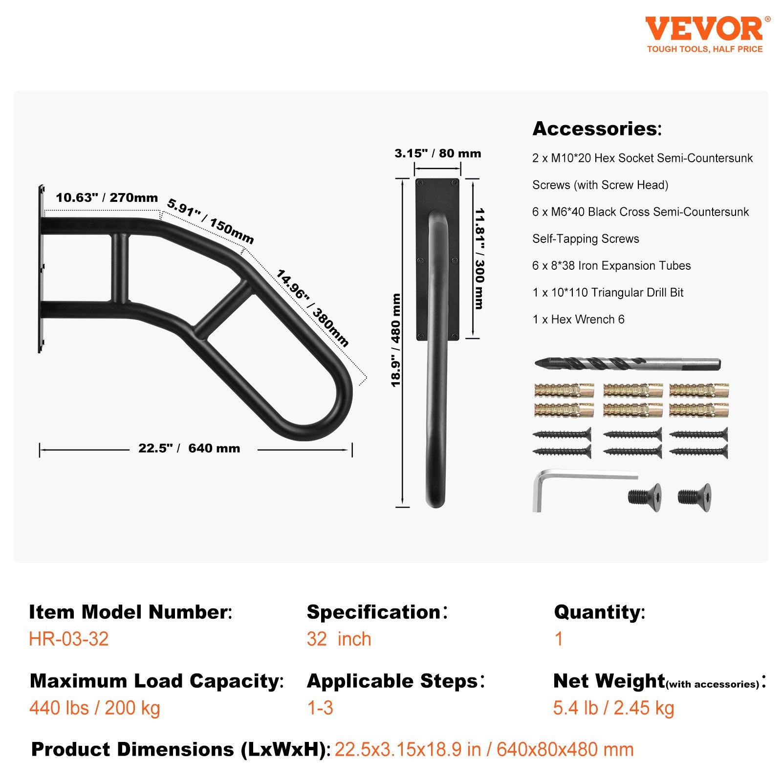 VEVOR Handrails for Outdoor Steps, 32" Length Wall Mount Safety Railings for 1-3 Steps, U-Shaped Handrail with Matte Black Finished, Stair Handrails for Kids, Elderly, Pregnant Women, Disabled