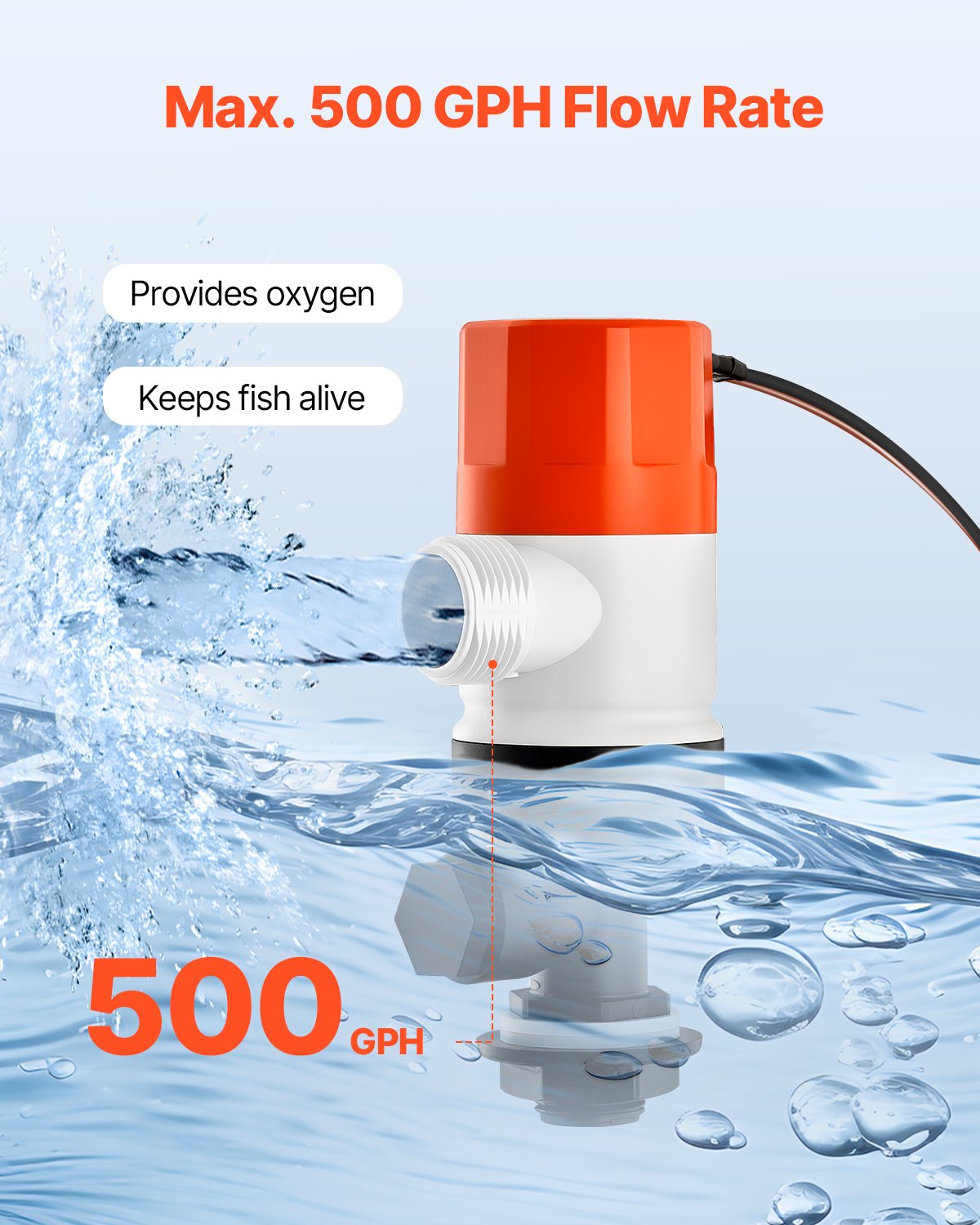 VEVOR Livewell Pump for Boat 12V 500 GPH Livewell Aerator Pump Straight 2 Inlets