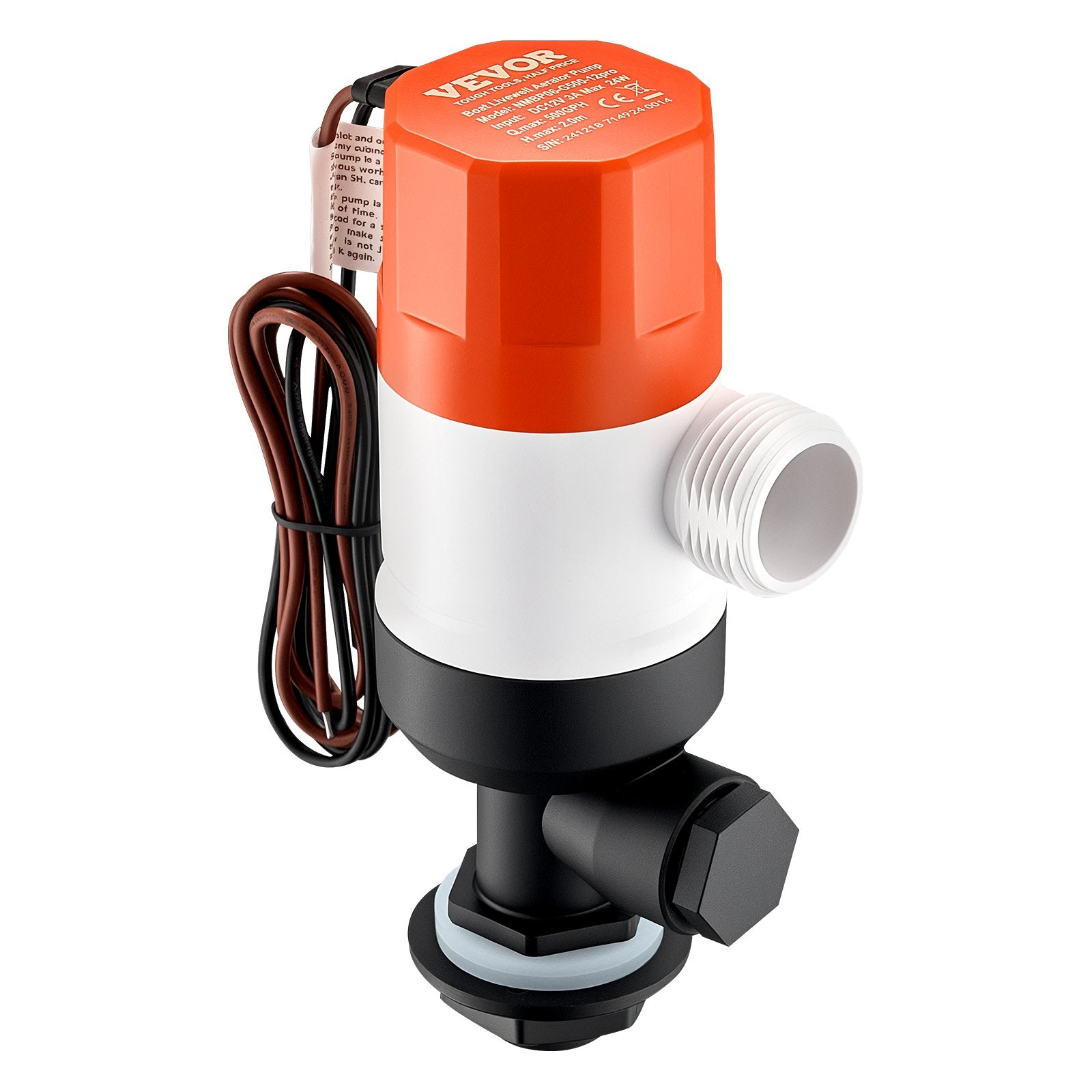 VEVOR Livewell Pump for Boat 12V 500 GPH Livewell Aerator Pump Straight 2 Inlets