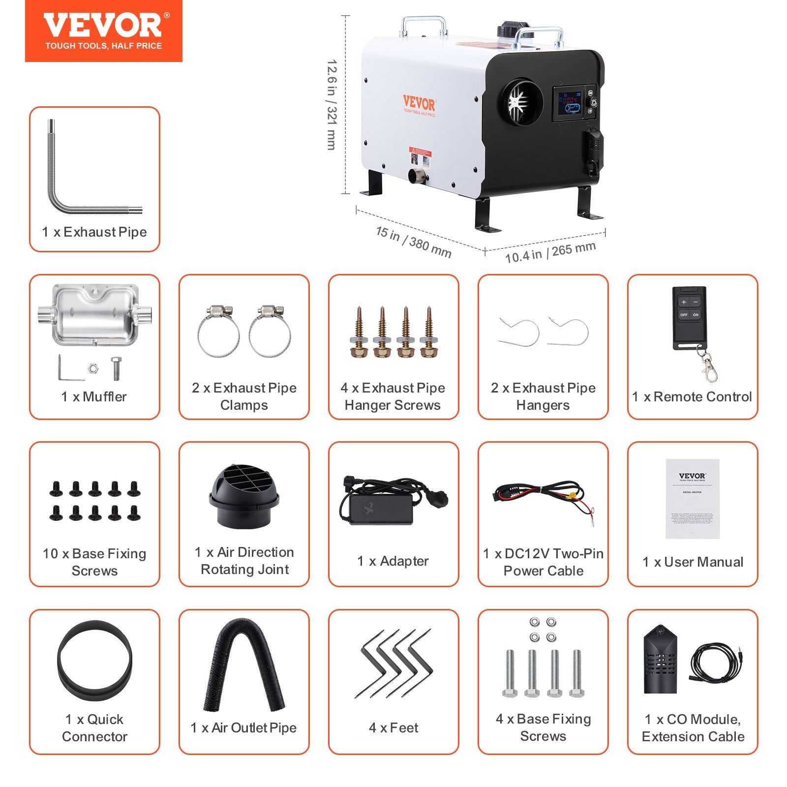 VEVOR 8KW Diesel Heater, 12V/24V All in One Diesel Air Heater, with Bluetooth APP Control, Remote Control and Display Screen, CO Alarm, Fast Heating Portable Diesel Heater for Vehicles and Outdoors