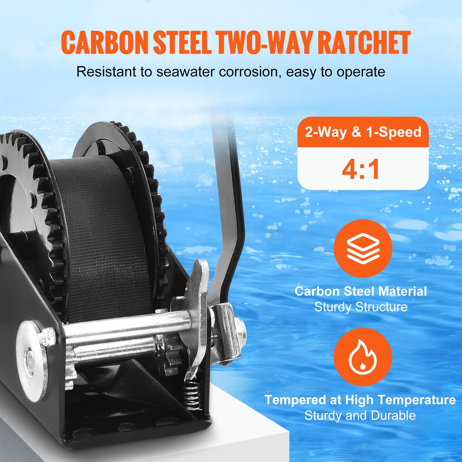 VEVOR Hand Winch, 907.1 kg Pulling Capacity, Boat Trailer Winch Heavy Duty Rope Crank with 7 m Polyester Strap and Two-Way Ratchet, Manual Operated Hand Crank Winch for Trailer, Boat or ATV Towing