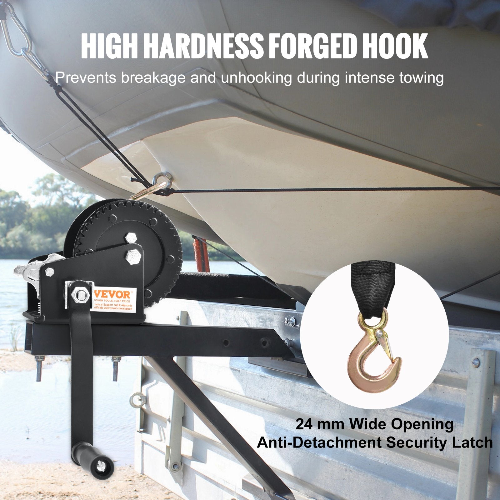 VEVOR Hand Winch, 907.1 kg Pulling Capacity, Boat Trailer Winch Heavy Duty Rope Crank with 7 m Polyester Strap and Two-Way Ratchet, Manual Operated Hand Crank Winch for Trailer, Boat or ATV Towing