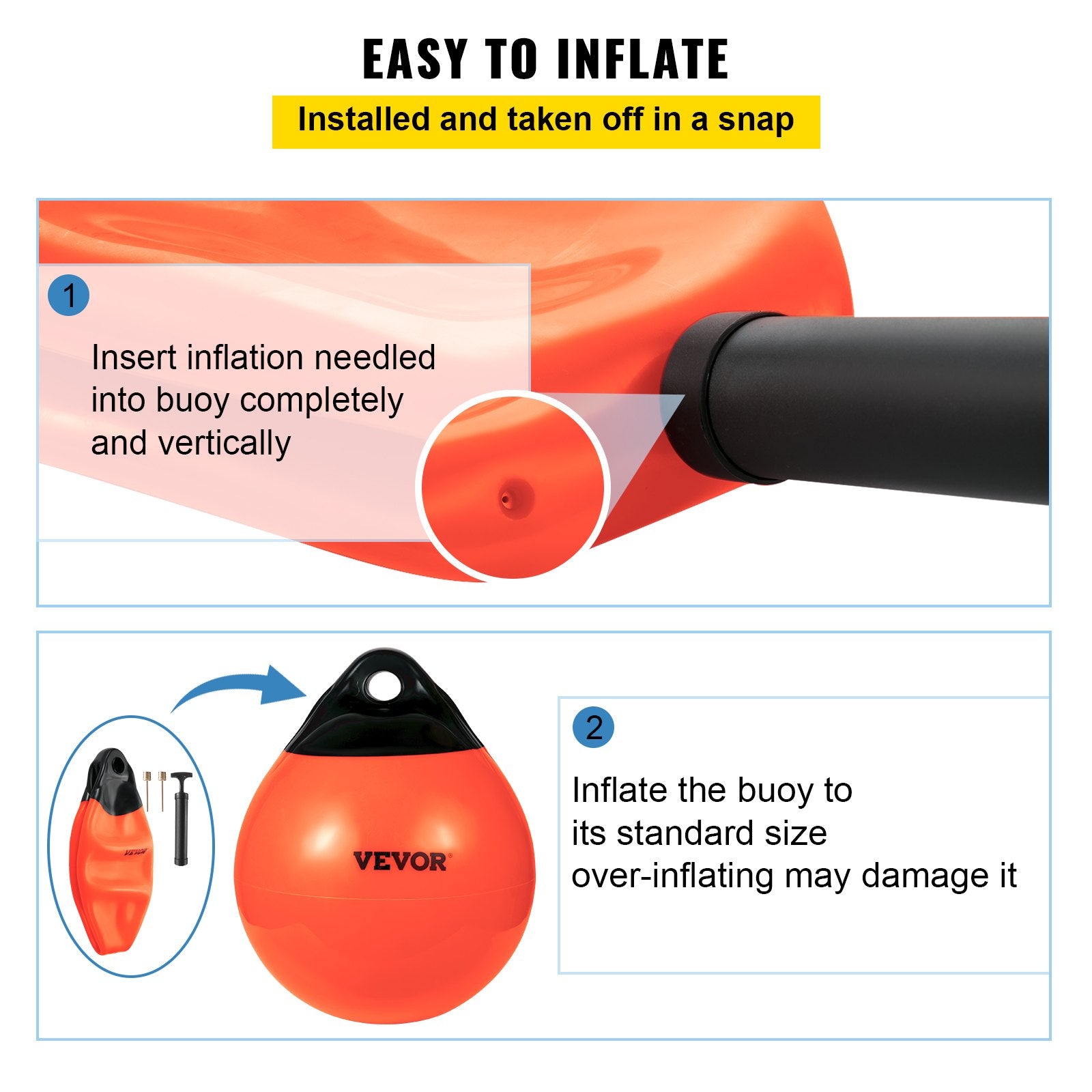 VEVOR Boat Buoy Balls, 15\" Diameter Inflatable Heavy-Duty Marine-Grade PVC Marker Buoys, Round Boat Mooring Buoys, Anchoring, Rafting, Marking, Fishing, Orange