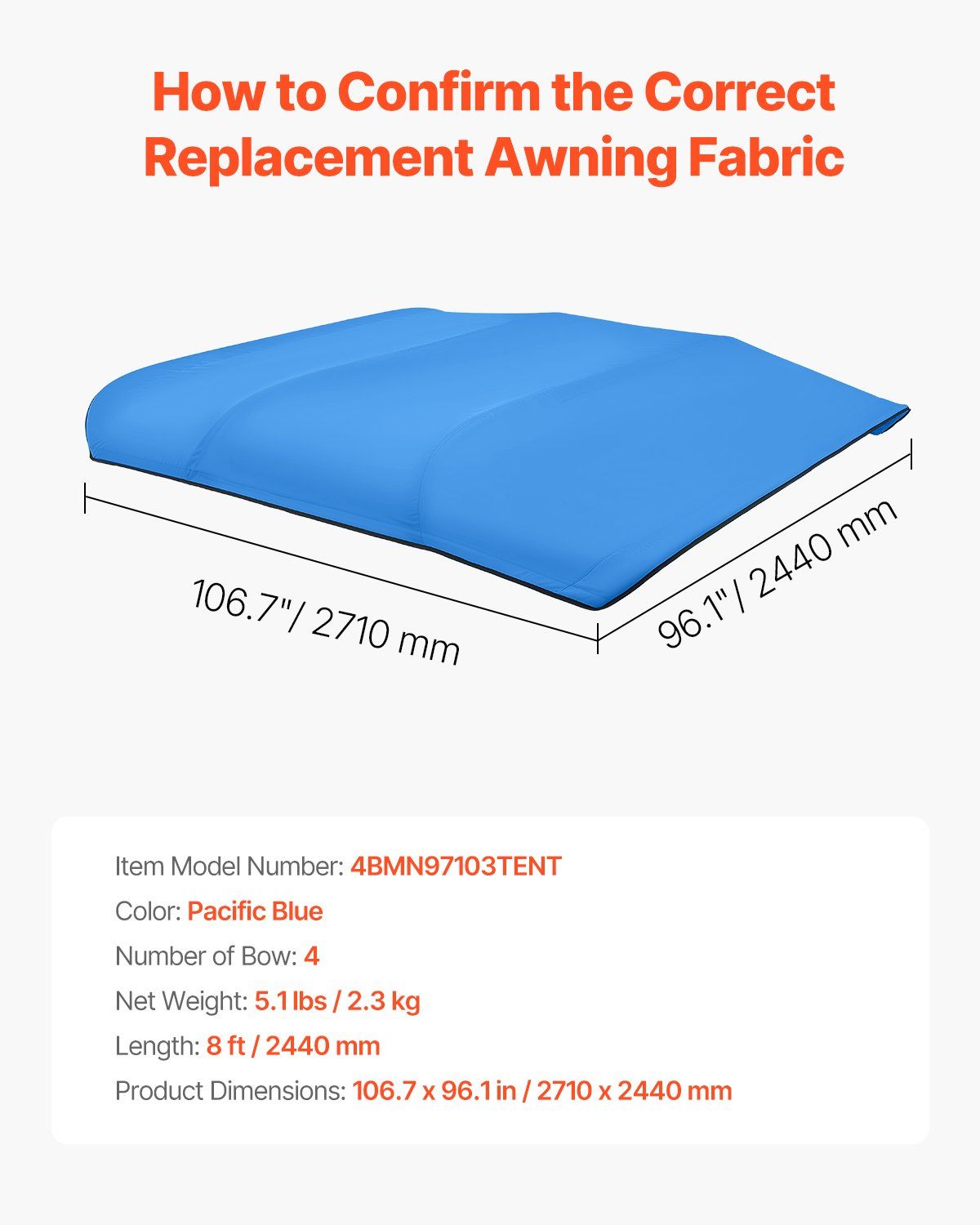 4 Bow Bimini Top Replacement Cover, 2440 mm Long, Durable 600D Marine Grade Waterproof Sun Shade Boat Canopy with Storage Boot, Easy Install Zipper Sleeve Awning, 2464-2616 mm W, Blue (No Frame)