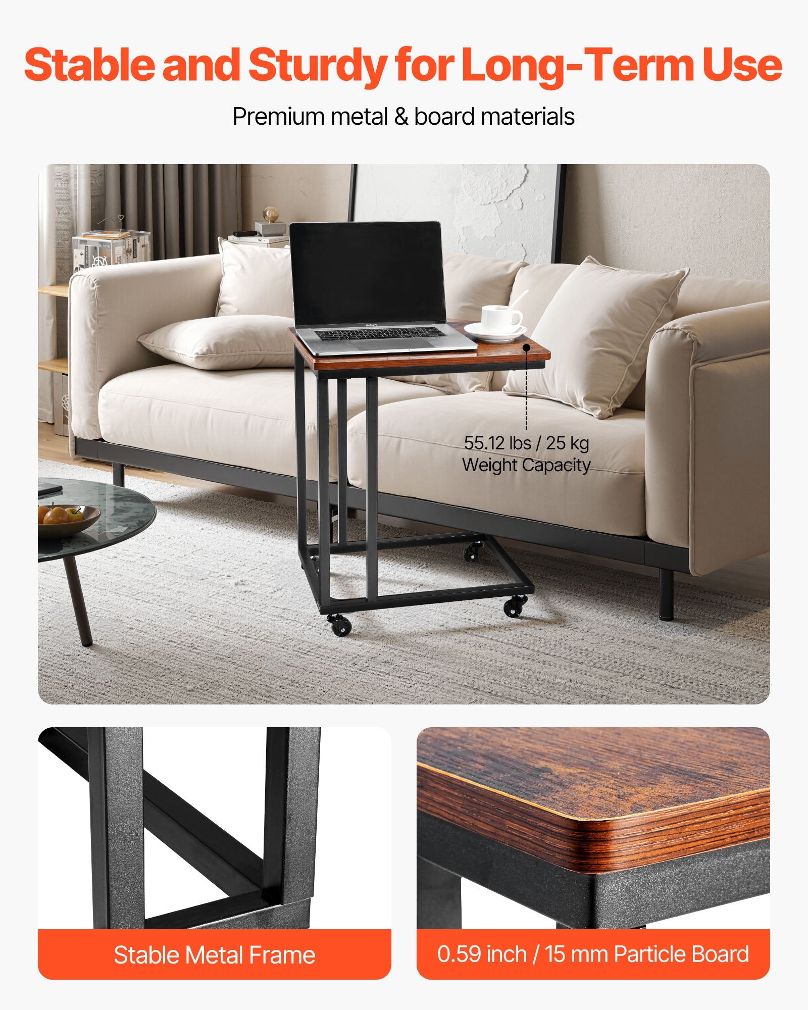 VEVOR C Table, C Shaped Sofa Side Table with Metal Frame Rolling Casters, Portable C Shaped End Stand for Living Room Bedroom Office, 19.69 x 13.78 x 23.82 inches Laptop Side Tables, Brown and Black