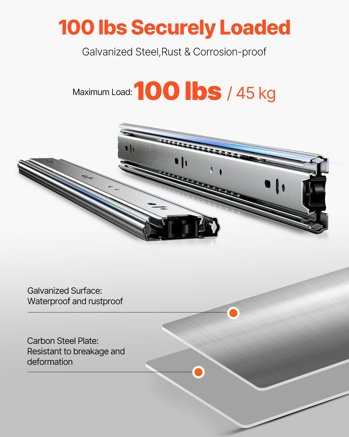 VEVOR Drawer Slides, 18 inch, 10 Pairs Full Extension Ball Bearing Cabinet Rails, 100 LB Load Capacity Heavy Duty Side Mount Dresser Drawer Slides, Drawer Track Runners for Kitchen DIY Replacement