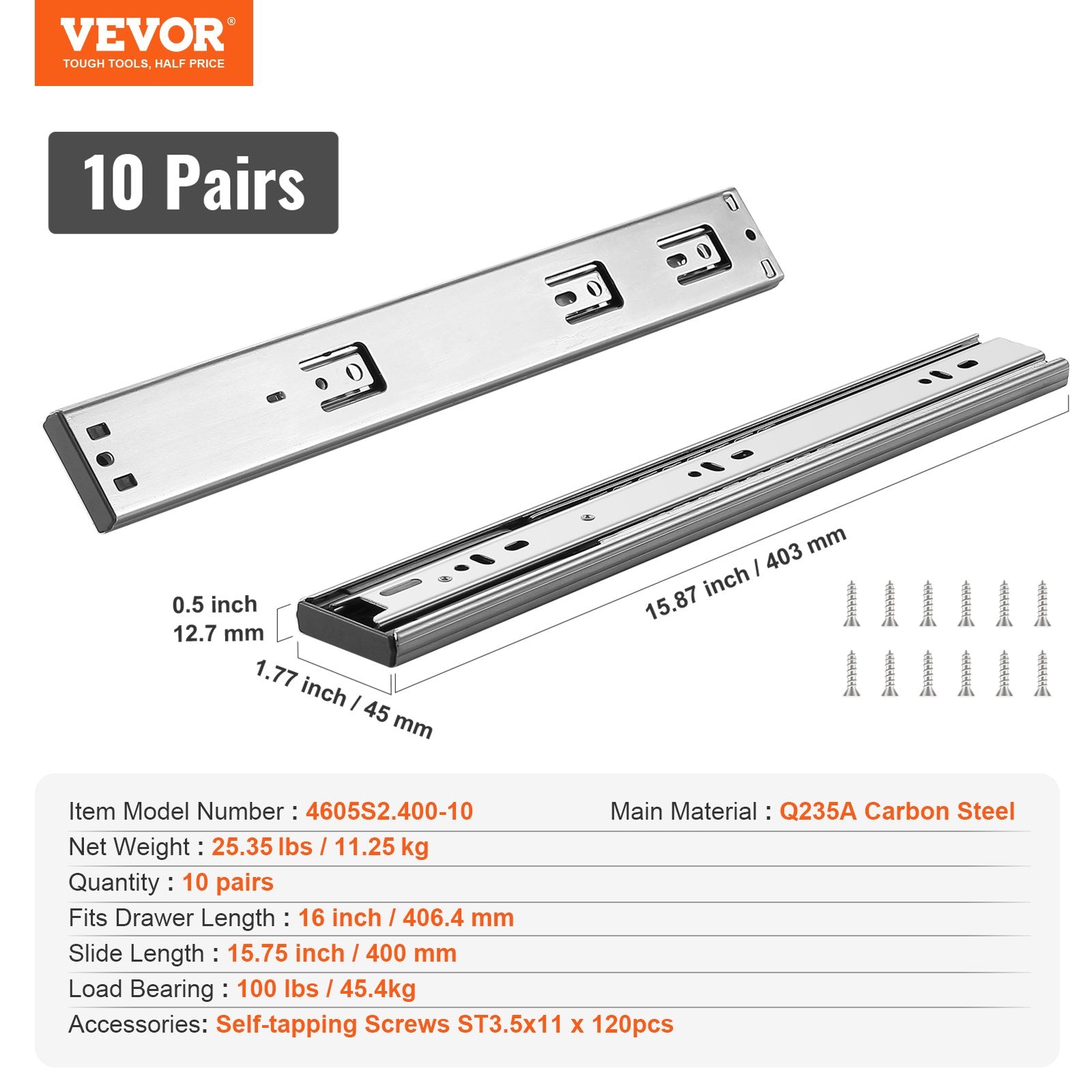 VEVOR 10 Pairs of 406.4mm Drawer Slides Side Mount Rails, Heavy Duty Full Extension Steel Track, Soft-Close Noiseless Guide Glides Cabinet Kitchen Runners with Ball Bearing, 100 Lbs Load Capacity