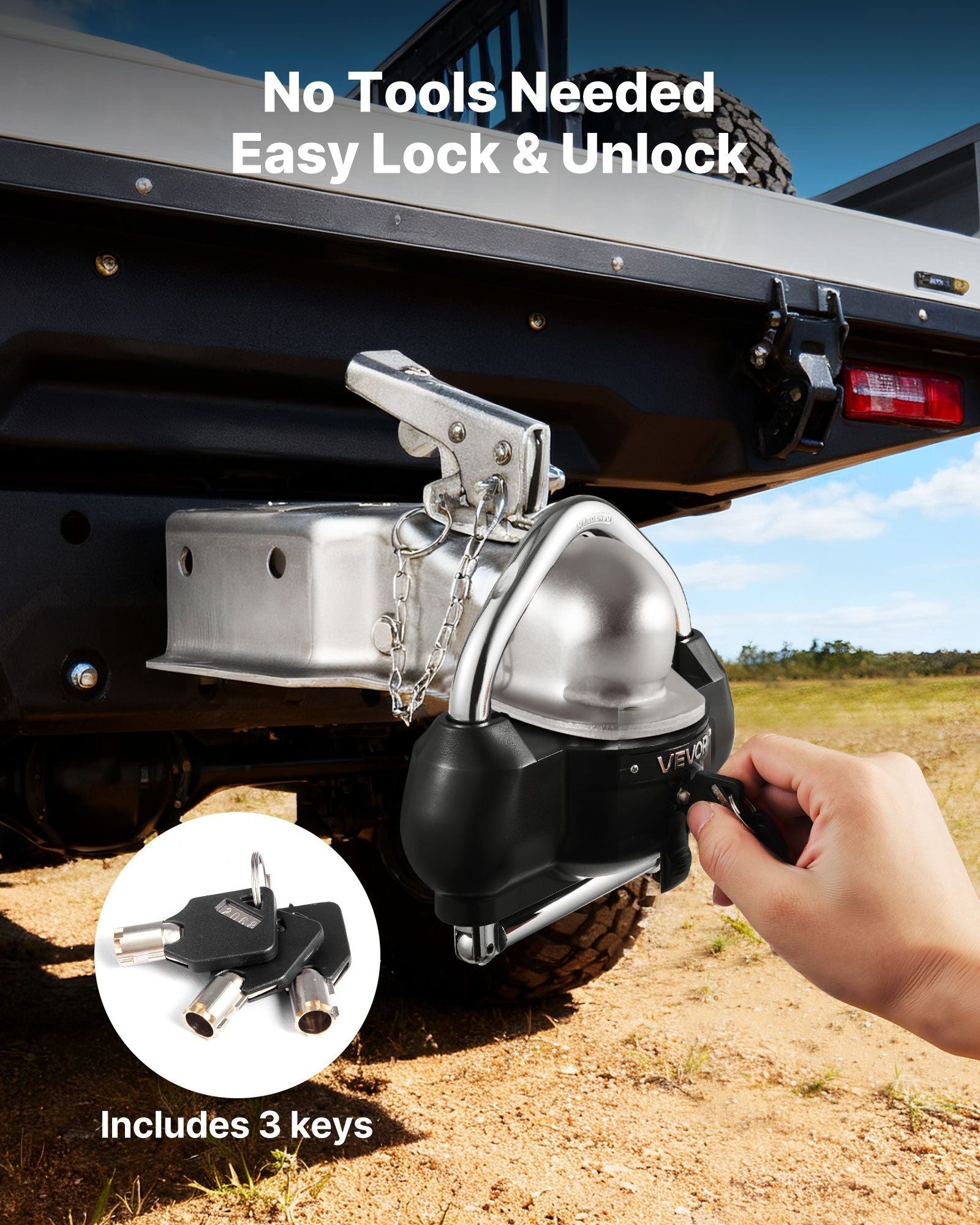 Trailer Hitch Lock, Fits for 46 mm, 50.8 mm, 58.7 mm Couplers, Heavy-Duty Anti-Theft Trailer Ball Lock with 3 Keys, Prying-Resistant, Adjustable Height Design for RVs, Boats, Trailers, Black