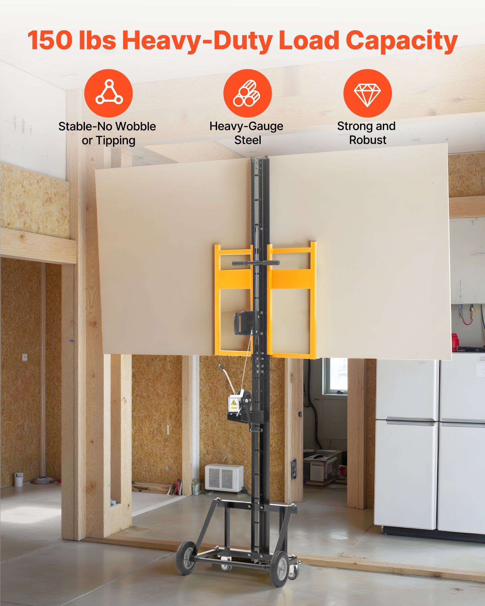 Drywall Lift, Heavy-Duty 68 kg Sheetrock Hoist for Wall Installation, One Person Drywall Installation, 1219x4878 mm Max. Panel Vertical Lifter with Wheels, Easy Transport (Yellow)
