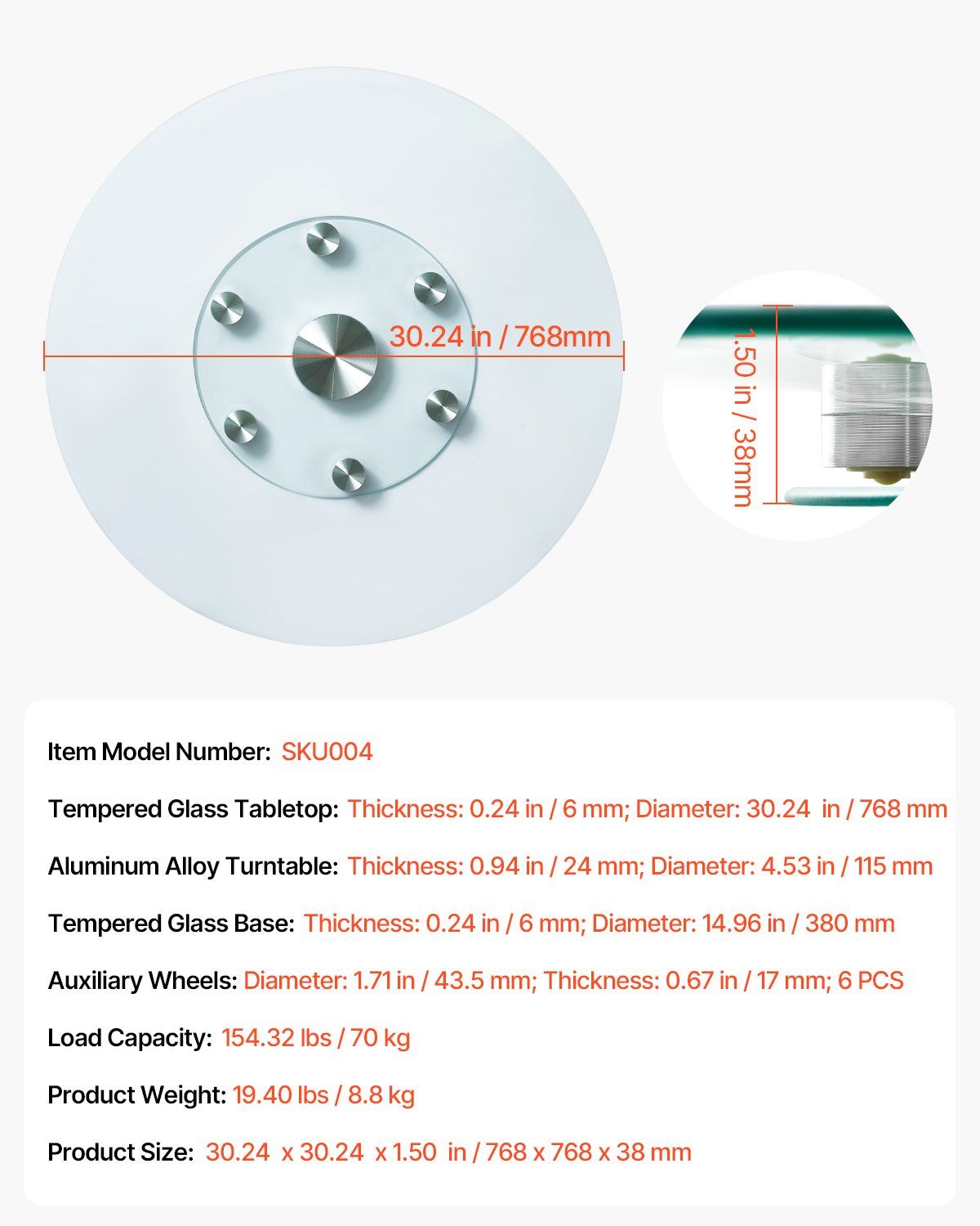 76.8 cm Glass Lazy Susan Turntable, Tempered Glass Dining Table Centerpiece with 6 Rotating Wheels, 360° Smooth & Silent Spin Tabletop Rotating Tray, for Family Gatherings, Banquets & Weddings