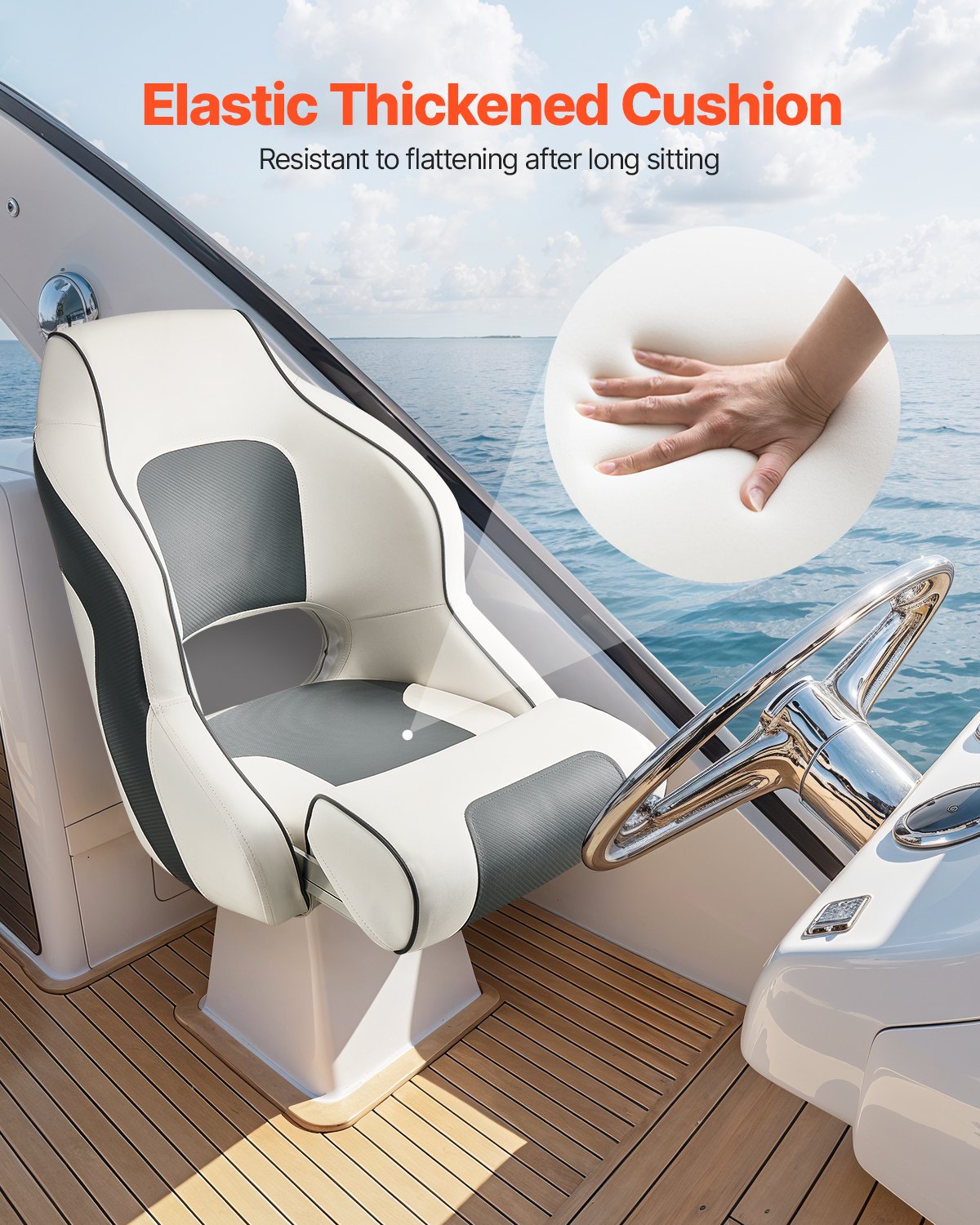 VEVOR Boat Seat, High Backrest, Flip Up Boat Seat Captain Bucket Seat with Thickened Sponge Cushion & Waterproof PVC Leather, Ergonomic Design, Folding Boat Seat for Boats, Yachts, Ships, White & Grey
