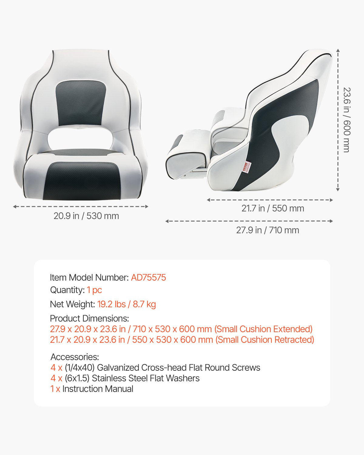 VEVOR Boat Seat, High Backrest, Flip Up Boat Seat Captain Bucket Seat with Thickened Sponge Cushion & Waterproof PVC Leather, Ergonomic Design, Folding Boat Seat for Boats, Yachts, Ships, White & Grey