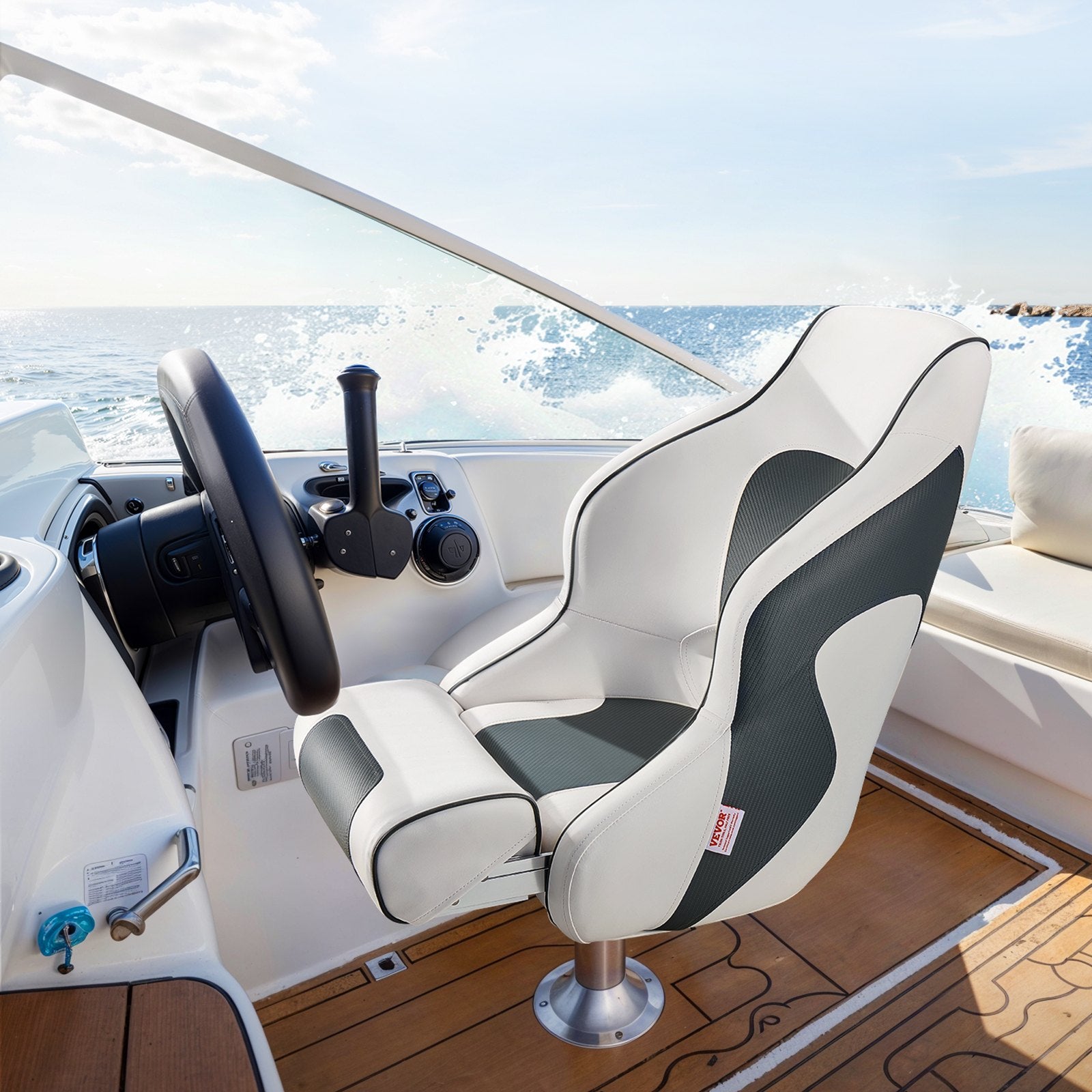 VEVOR Boat Seat, High Backrest, Flip Up Boat Seat Captain Bucket Seat with Thickened Sponge Cushion & Waterproof PVC Leather, Ergonomic Design, Folding Boat Seat for Boats, Yachts, Ships, White & Grey