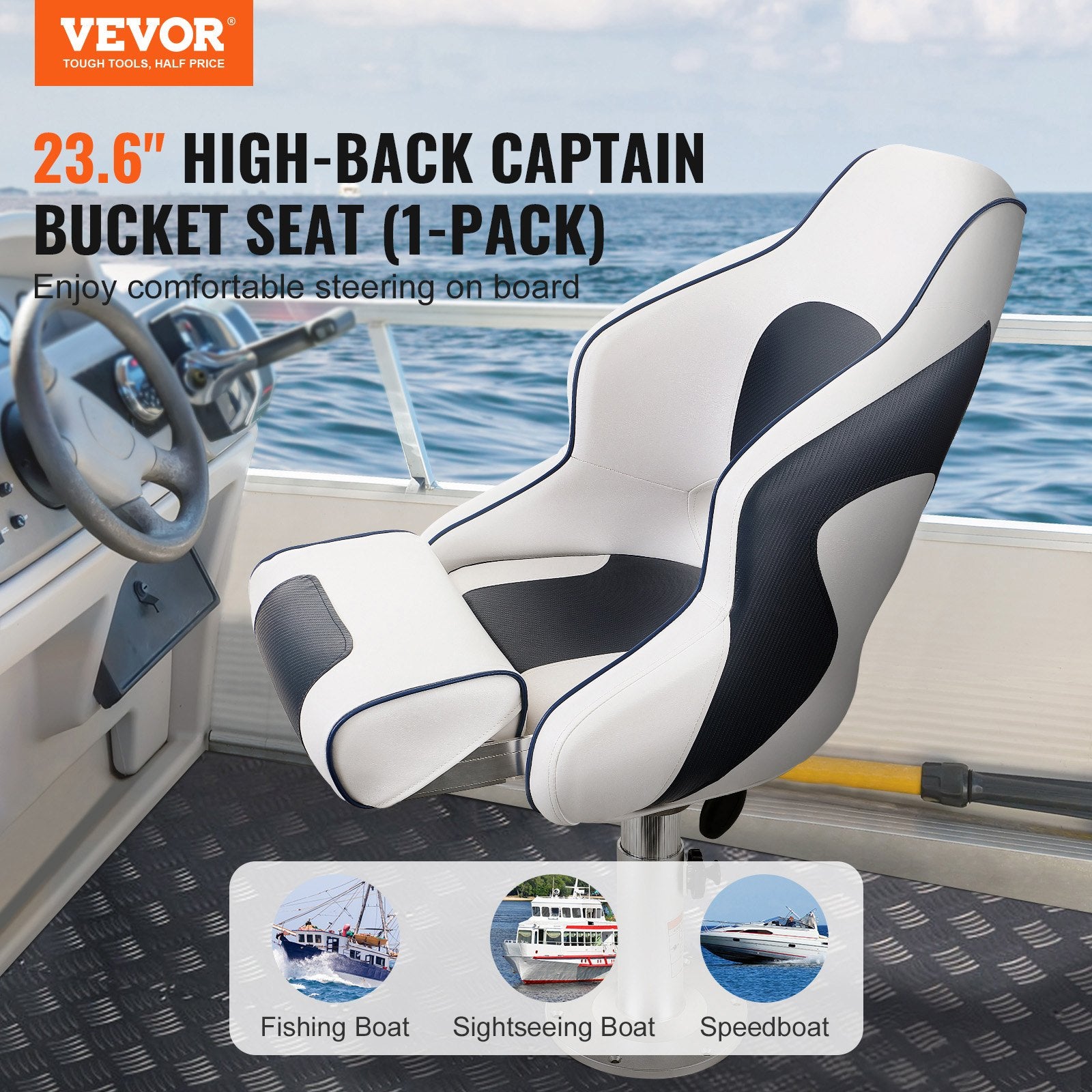 VEVOR Captain Bucket Seat Boat Seat, Flip Up Boat Seat, with Thickened Sponge Padding, Flip-up Bolster Boat Captain Chair for Fishing Boat, Sightseeing Boat, Speedboat, Canoe, 1-Piece