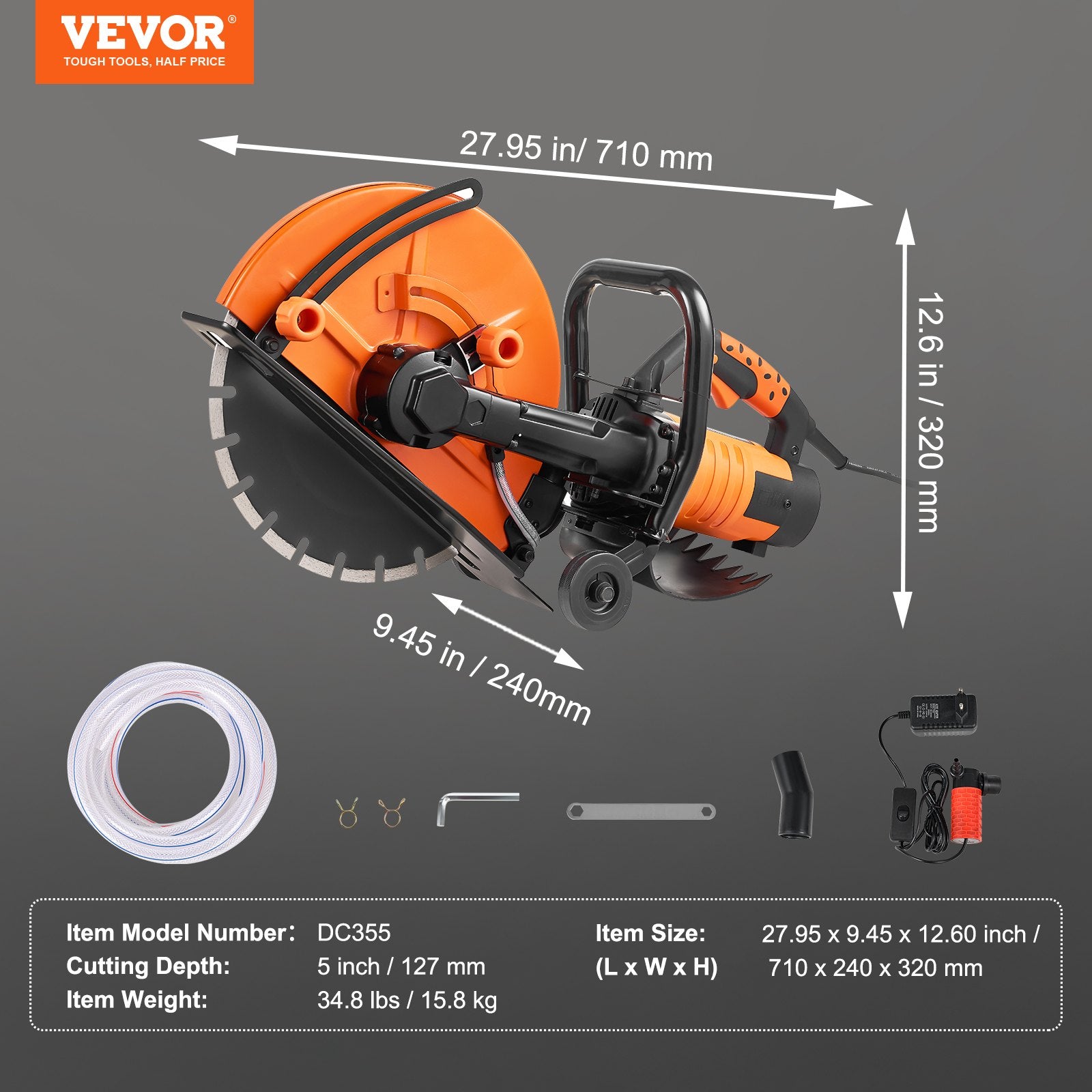 VEVOR Electric Concrete Saw, 14 in, 2000 W Motor Circular Saw Cutter with Max. 5 in Adjustable Cutting Depth, Wet Disk Saw Cutter Includes Water Line, Pump and Blade, for Stone, Brick
