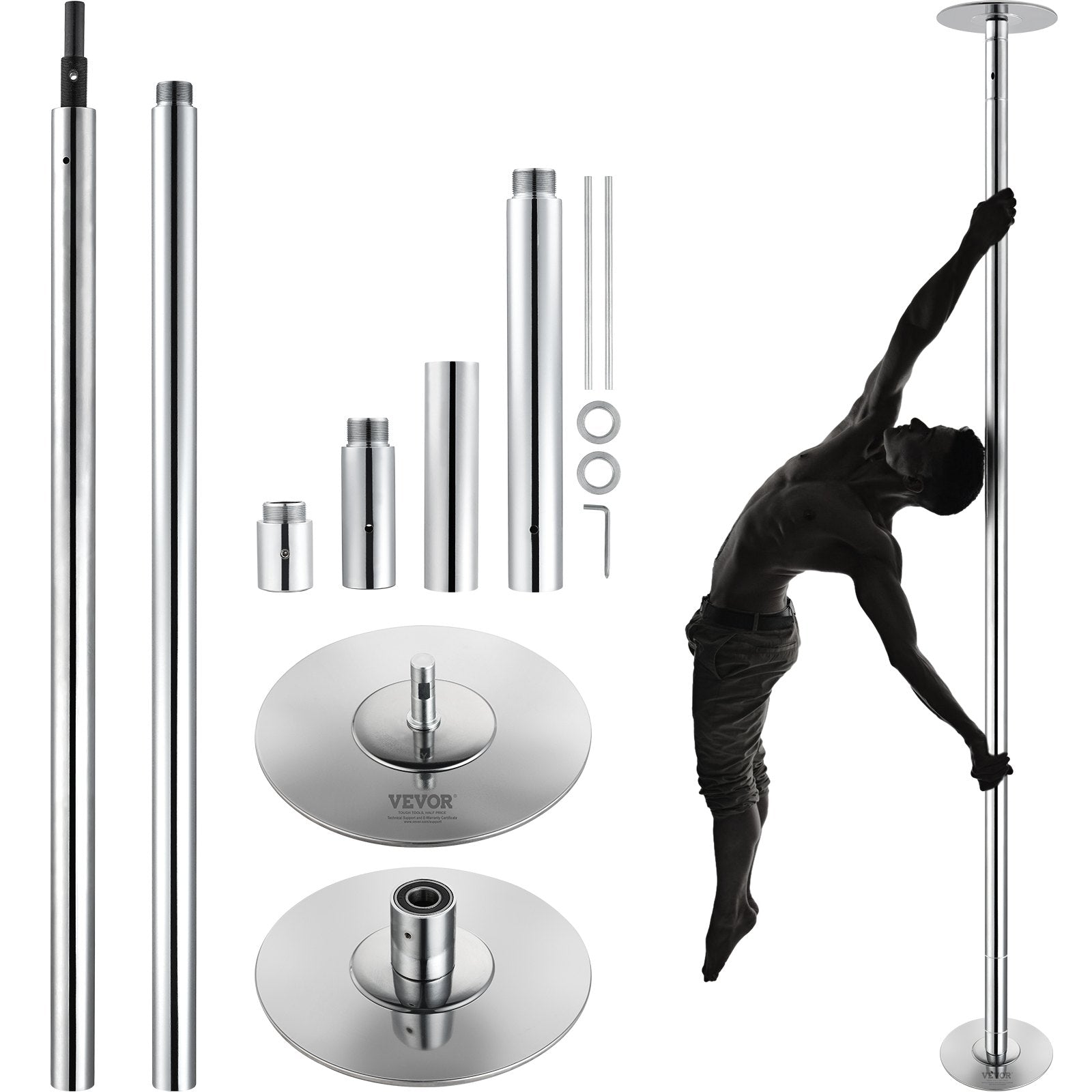 VEVOR Professional Dancing Pole, Spinning Static Dancing Pole Kit, Portable Removable Pole, 45mm Heavy-Duty Stainless Steel Pole, Height Adjustable Fitness Pole, for Exercise Home Club Gym, Silver