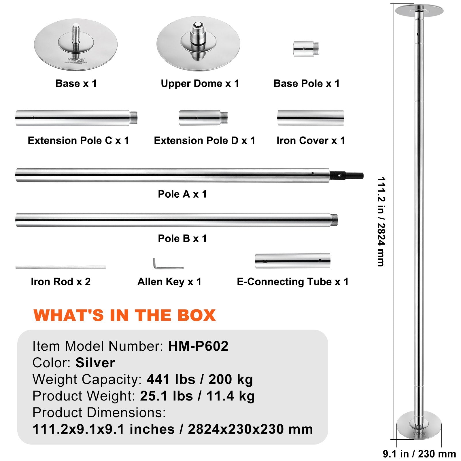 VEVOR Professional Dancing Pole, Spinning Static Dancing Pole Kit, Portable Removable Pole, 45mm Heavy-Duty Stainless Steel Pole, Height Adjustable Fitness Pole, for Exercise Home Club Gym, Silver
