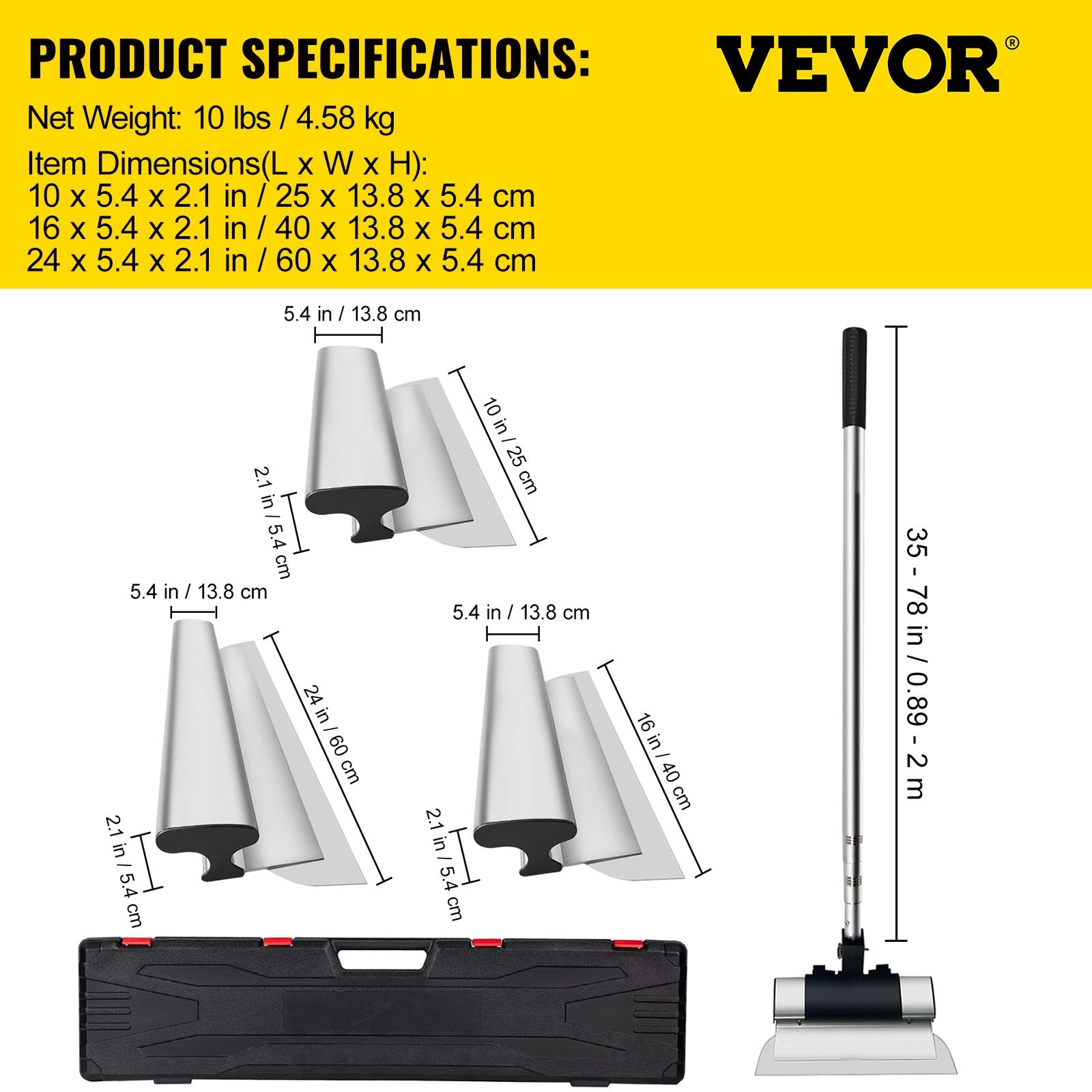 VEVOR Skimming Blade Set,10"+16"+24" Blades + 35"-78" Extension Handle,European Stainless Steel Construction Knife, Aluminum Blade Profile Smoothing Knockdown Spatula for Gyprock/Drywall/Wall-Boa