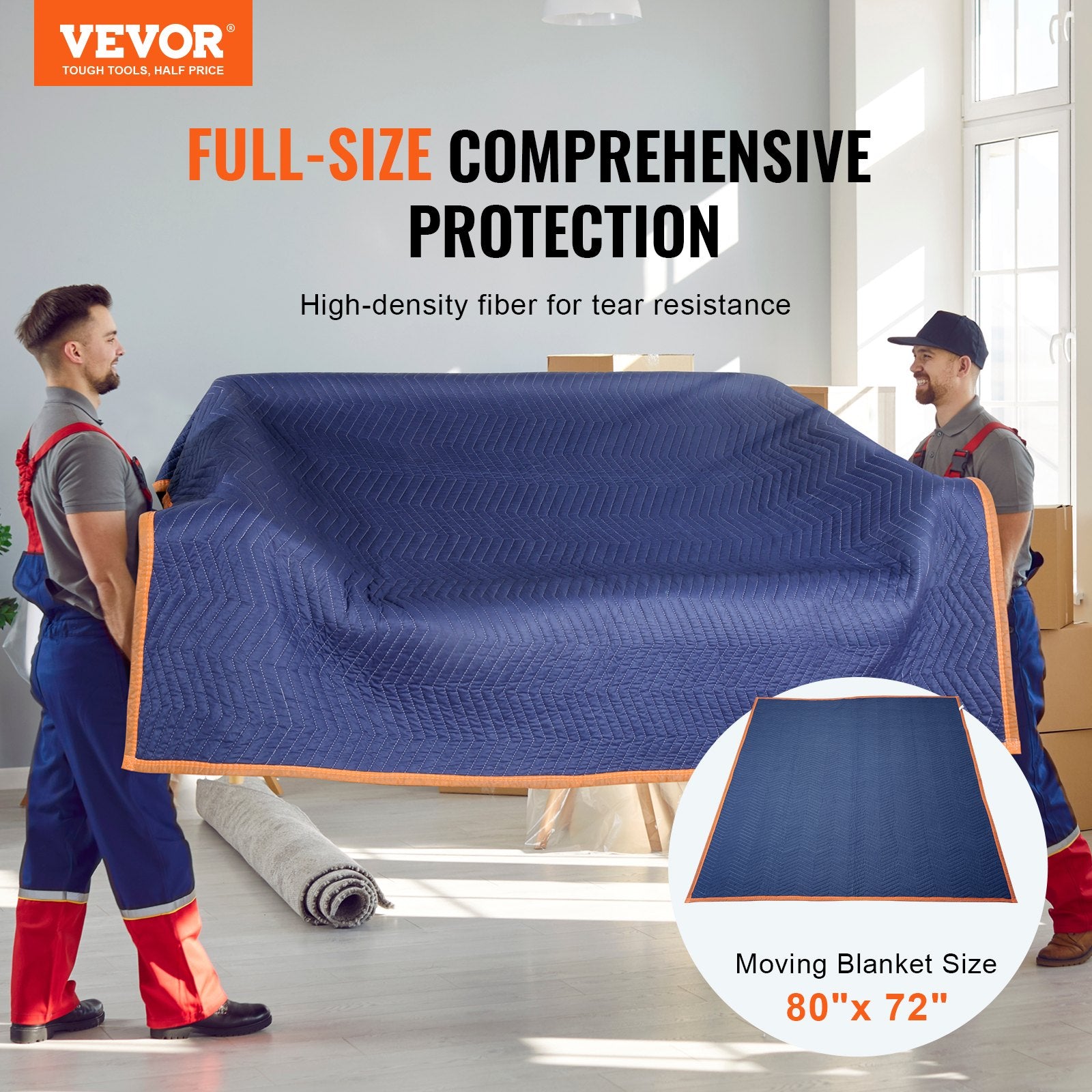 VEVOR Moving Blankets, 2032 x 1829 mm, 29.5 kg/dz, 12 Packs, Professional Non-Woven & Recycled Cotton Packing Blanket, Heavy Duty Mover Pads for Protecting Furniture, Floors, Appliances, Blue/Orange