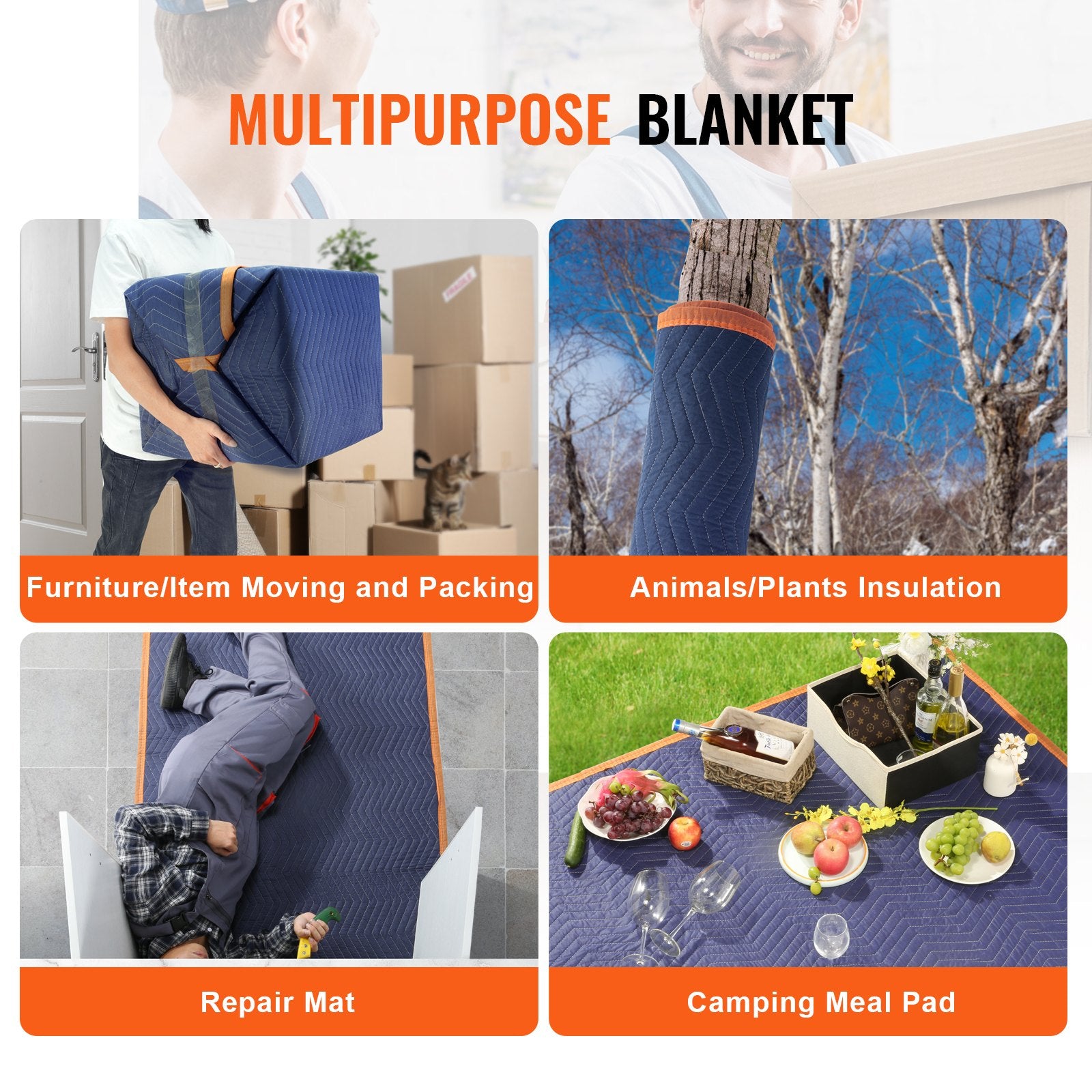VEVOR Moving Blankets, 2032 x 1829 mm, 29.5 kg/dz, 12 Packs, Professional Non-Woven & Recycled Cotton Packing Blanket, Heavy Duty Mover Pads for Protecting Furniture, Floors, Appliances, Blue/Orange