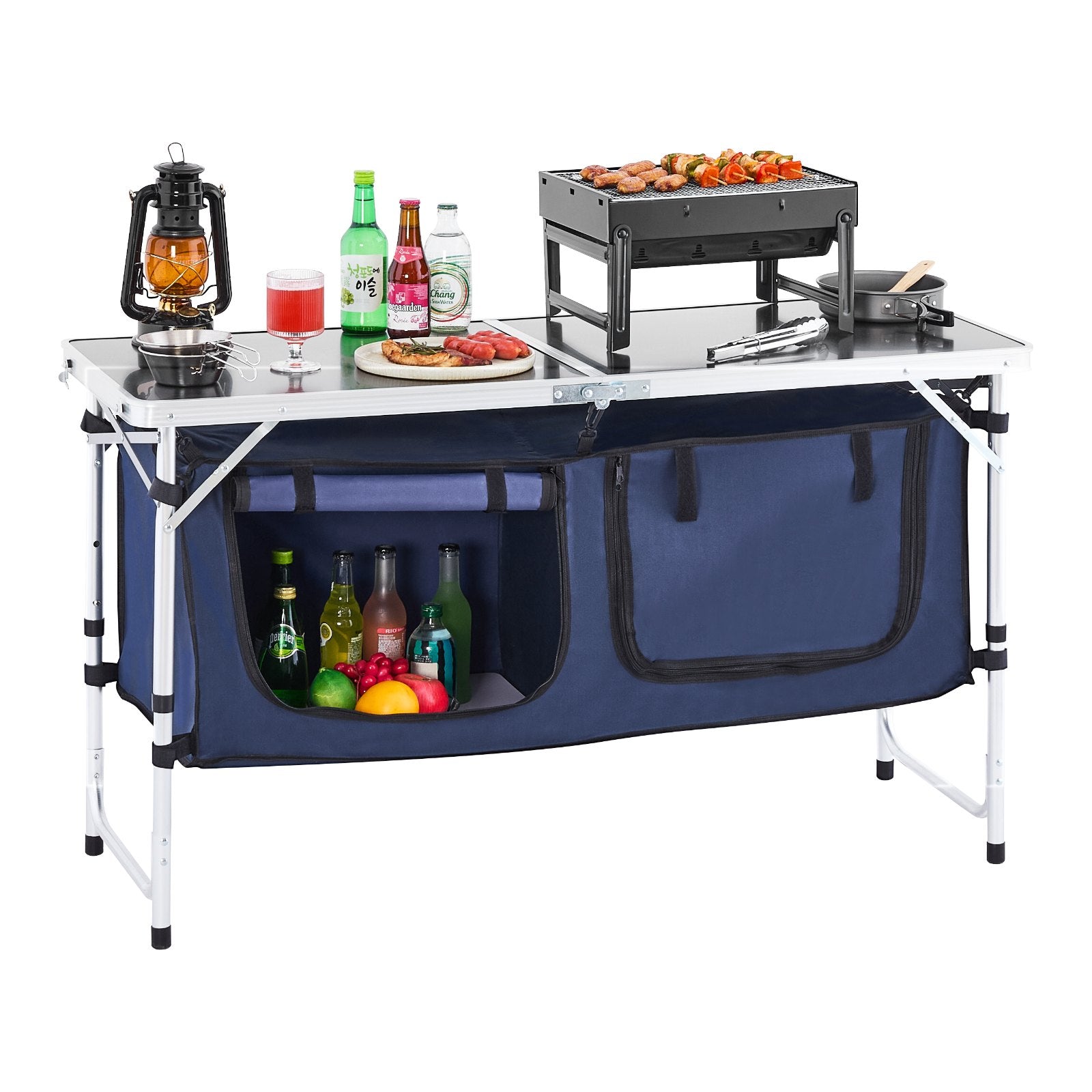 VEVOR Camping Kitchen Table, Folding Outdoor Cooking Table, 3 Adjustable Height, Aluminum Lightweight Portable Cook Station with Storage Organizer, Carry Handle, for BBQ Party Picnic RV Travel, Blue
