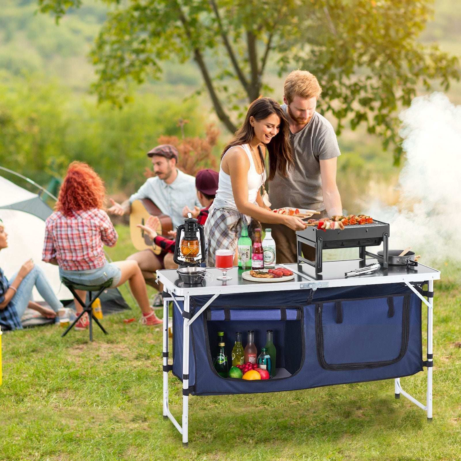 VEVOR Camping Kitchen Table, Folding Outdoor Cooking Table, 3 Adjustable Height, Aluminum Lightweight Portable Cook Station with Storage Organizer, Carry Handle, for BBQ Party Picnic RV Travel, Blue