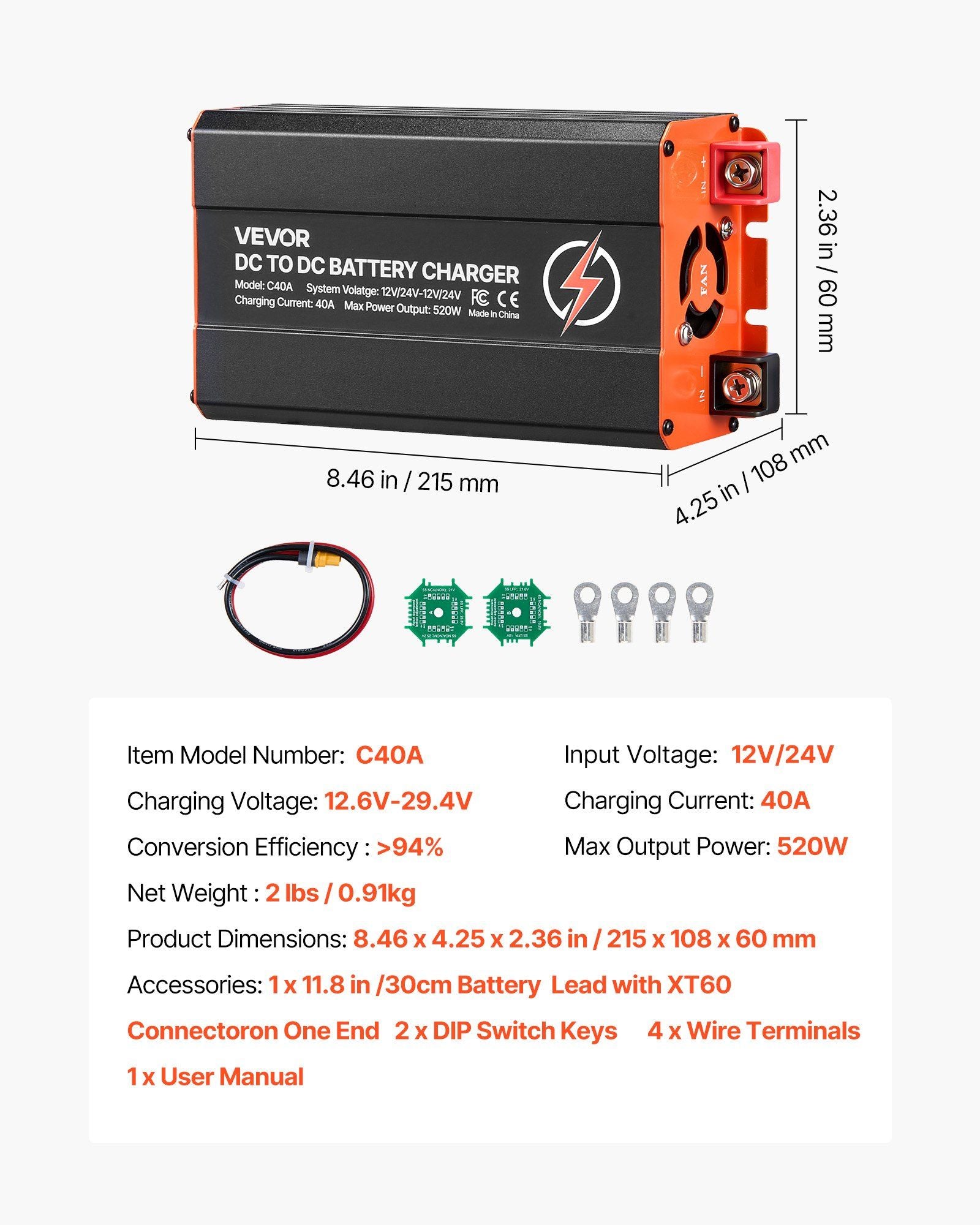 DC to DC Battery Charger, 520W, 40A Alternator Charger, Fast DC-DC Charging for Portable Power Stations, Compatible with LiFePO4 Lead-Acid AGM GEL Batteries, for RVs, Cars, Home Backup Power
