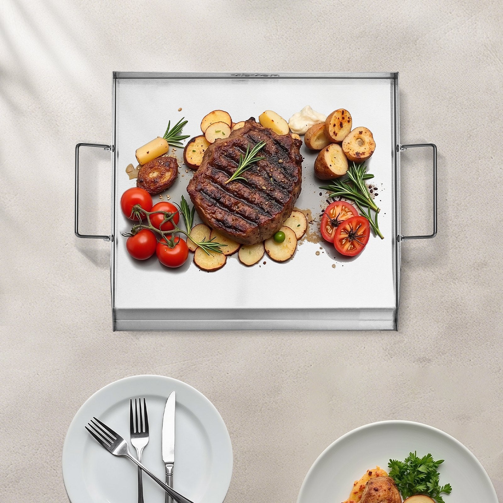 VEVOR Stainless Steel Griddle, 18x16 inch Universal Flat Top Rectangular Plate, Gas Grill Griddle for BBQ Grill, Teppanyaki, Portable Family Cookware with Handle, for Camping Tailgating Party