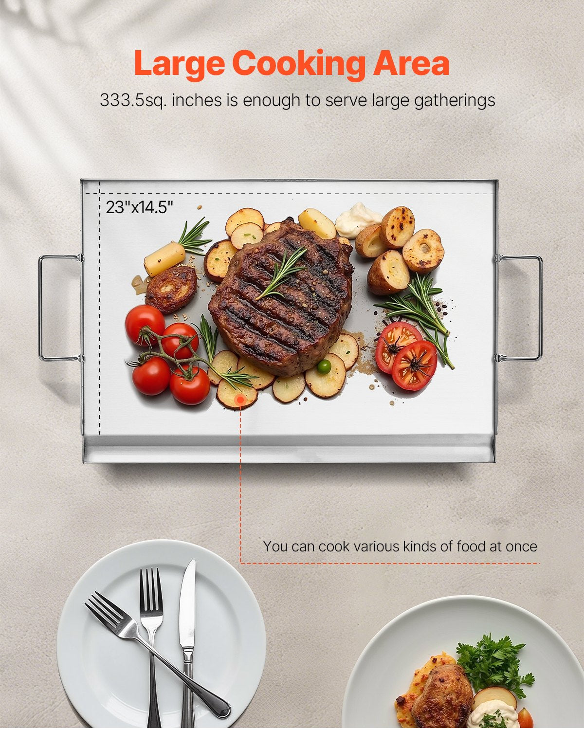 VEVOR Stainless Steel Griddle, 23x16 inch Universal Flat Top Rectangular Plate, Gas Grill Griddle for BBQ Grill, Teppanyaki, Portable Family Cookware with Handle, for Camping Tailgating Party