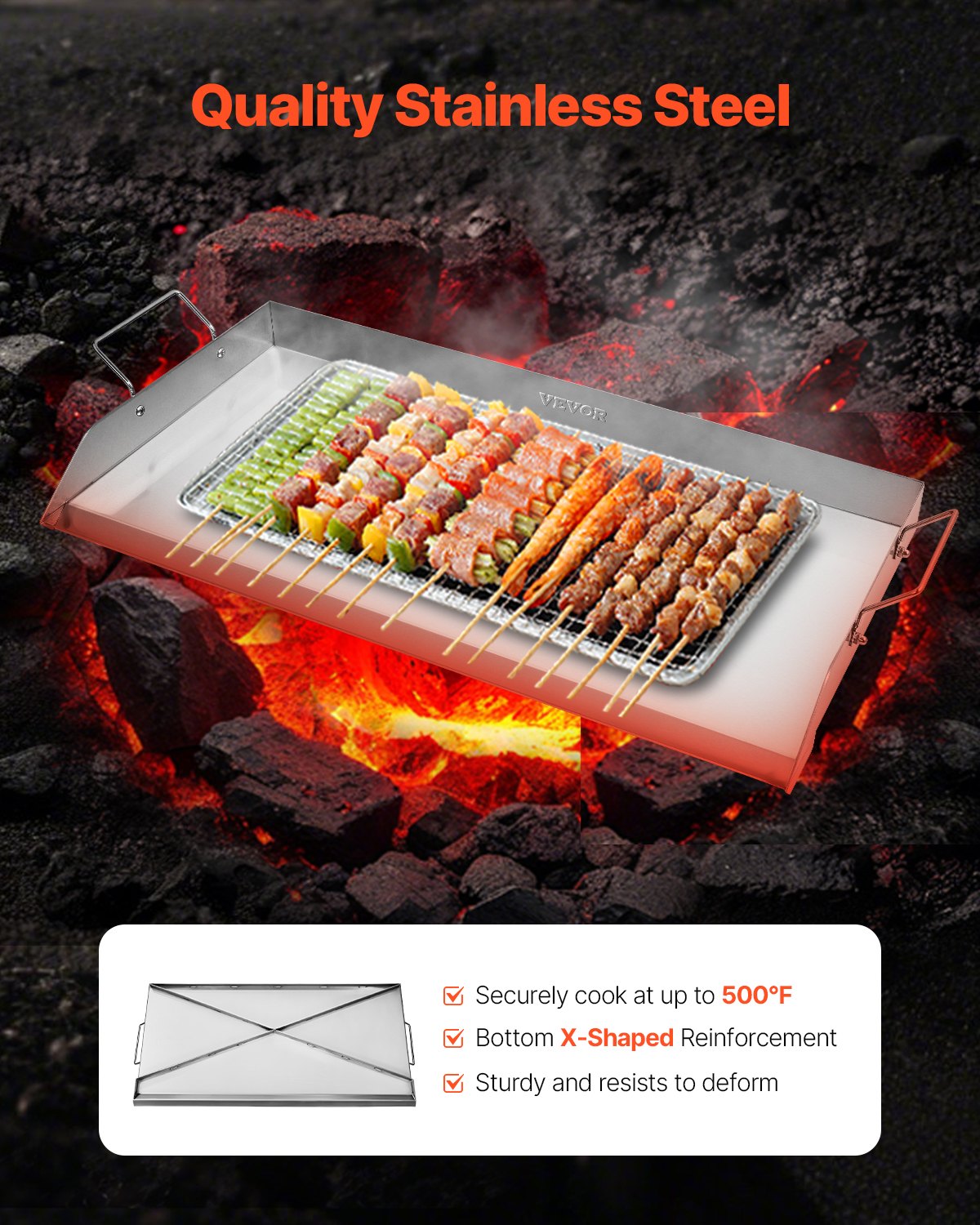 VEVOR Stainless Steel Griddle, 32x16 inch Universal Flat Top Rectangular Plate, Gas Grill Griddle for BBQ Grill, Teppanyaki, Portable Family Cookware with Handle, for Camping Tailgating Party