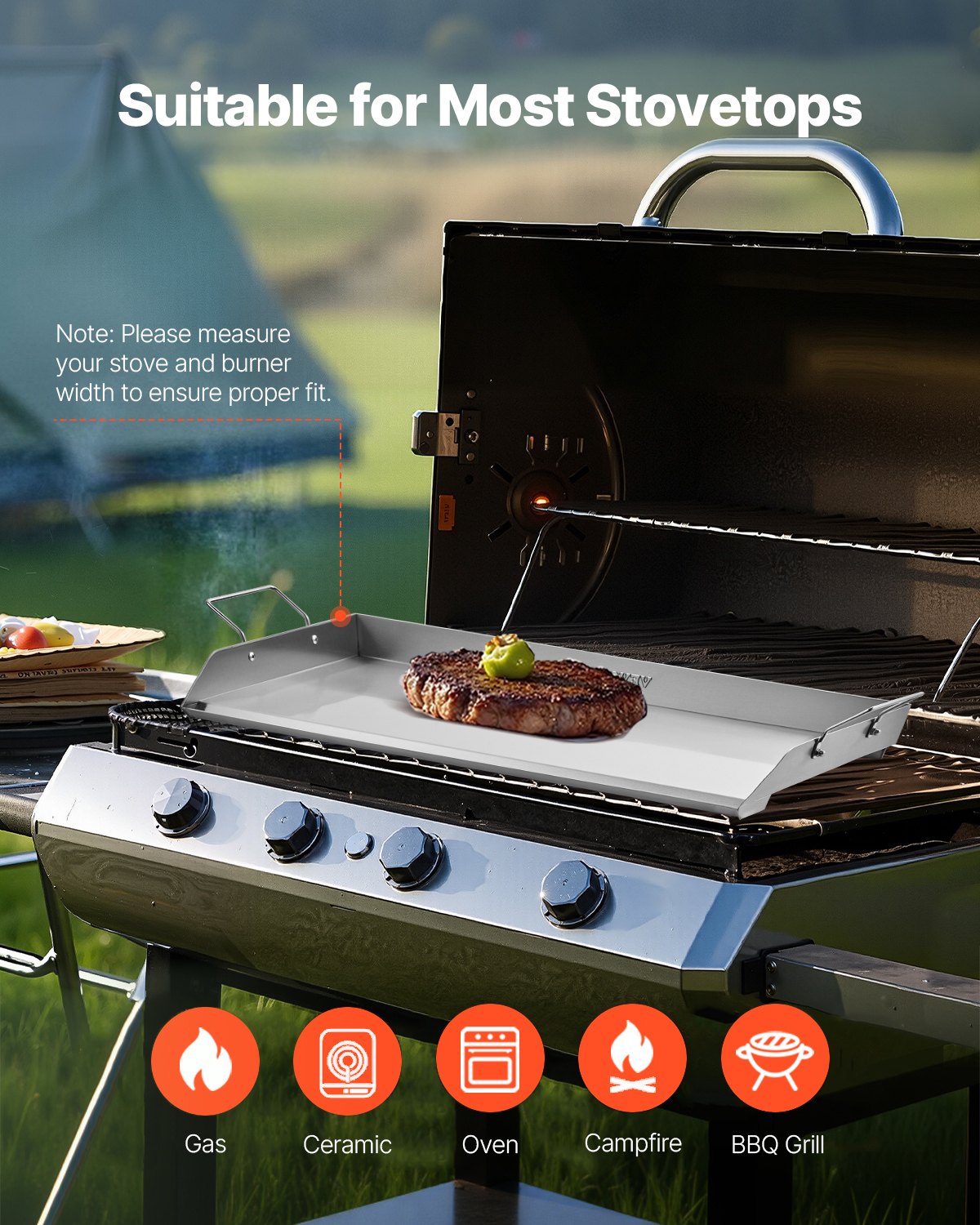 VEVOR Stainless Steel Griddle, 32x16 inch Universal Flat Top Rectangular Plate, Gas Grill Griddle for BBQ Grill, Teppanyaki, Portable Family Cookware with Handle, for Camping Tailgating Party