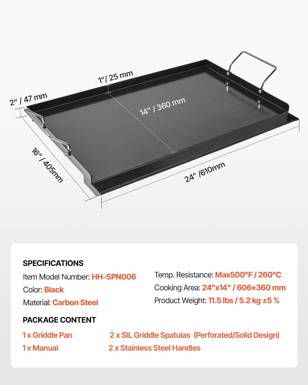 VEVOR Carbon Steel Griddle, 24x16 inch Universal Flat Top Rectangular Plate, Gas Grill Griddle for BBQ Grill, Teppanyaki, Portable Family Cookware with Handle, for Camping Tailgating Party