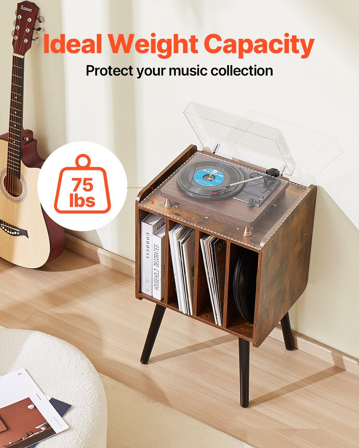 Record Player Stand, 2 Tiers Turntable Stand with 4 Cabinets, Holds up to 100 Albums, Wooden Vinyl Record Storage Cabinet with Display Shelf for Bedroom, Living Room, Brown