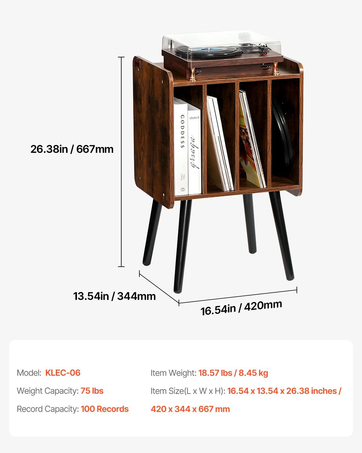 Record Player Stand, 2 Tiers Turntable Stand with 4 Cabinets, Holds up to 100 Albums, Wooden Vinyl Record Storage Cabinet with Display Shelf for Bedroom, Living Room, Brown