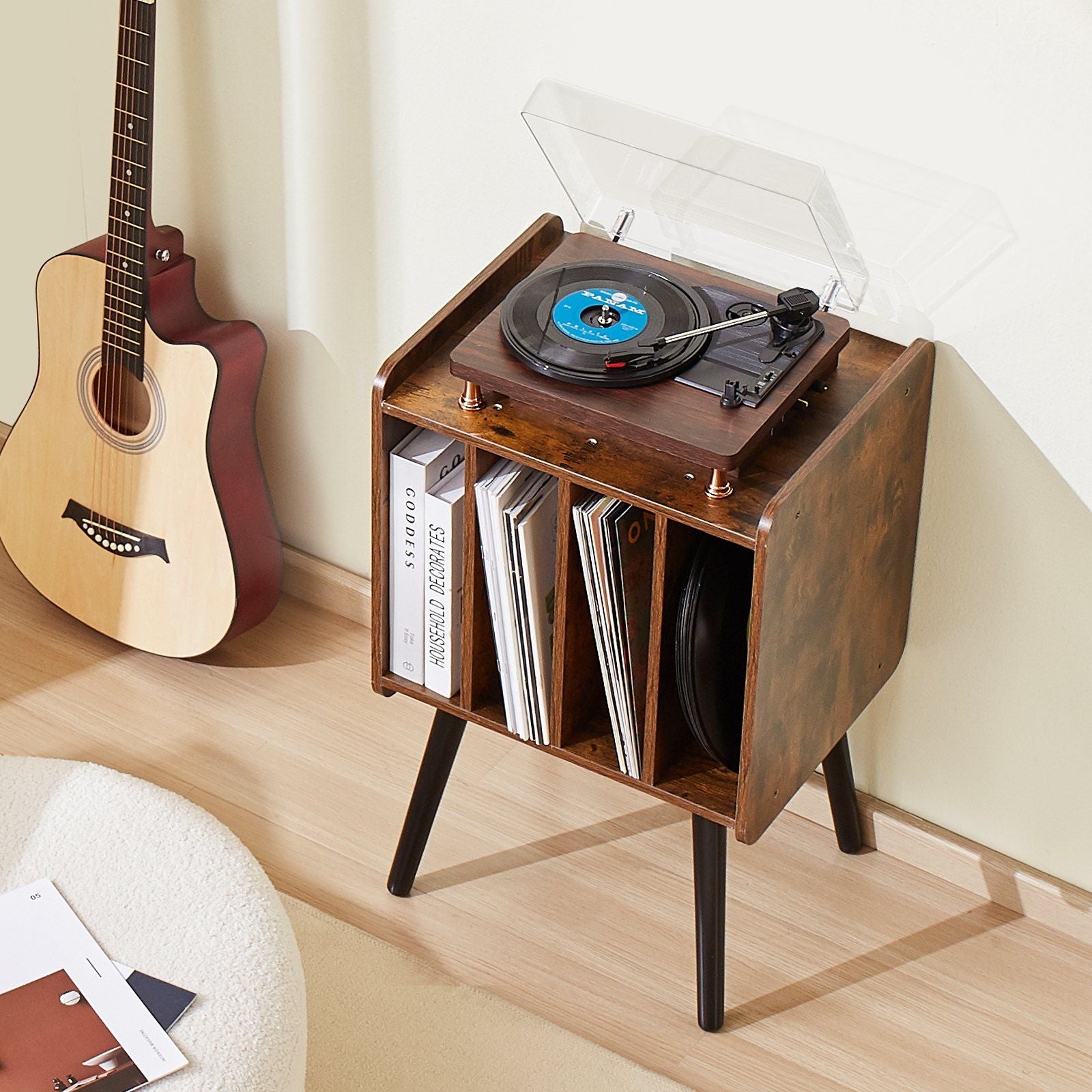 Record Player Stand, 2 Tiers Turntable Stand with 4 Cabinets, Holds up to 100 Albums, Wooden Vinyl Record Storage Cabinet with Display Shelf for Bedroom, Living Room, Brown