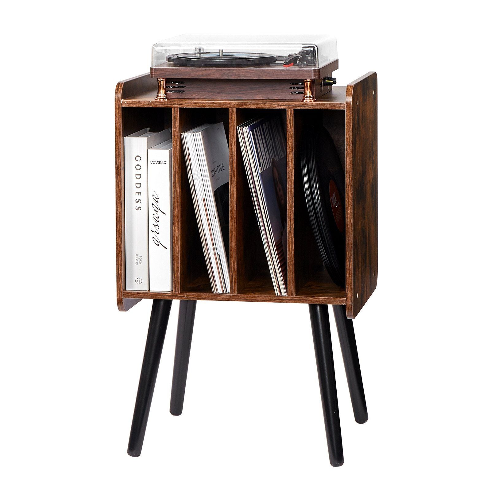 Record Player Stand, 2 Tiers Turntable Stand with 4 Cabinets, Holds up to 100 Albums, Wooden Vinyl Record Storage Cabinet with Display Shelf for Bedroom, Living Room, Brown