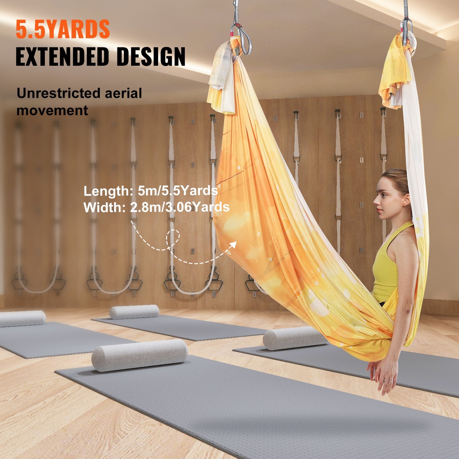 VEVOR Aerial Yoga Hammock & Swing, 5 m Length, Aerial Yoga Starter Kit with 100gsm Nylon Fabric, Full Rigging Hardware & Easy Set-up Guide, Antigravity Flying for All Levels Fitness Bodybuilding, Gold