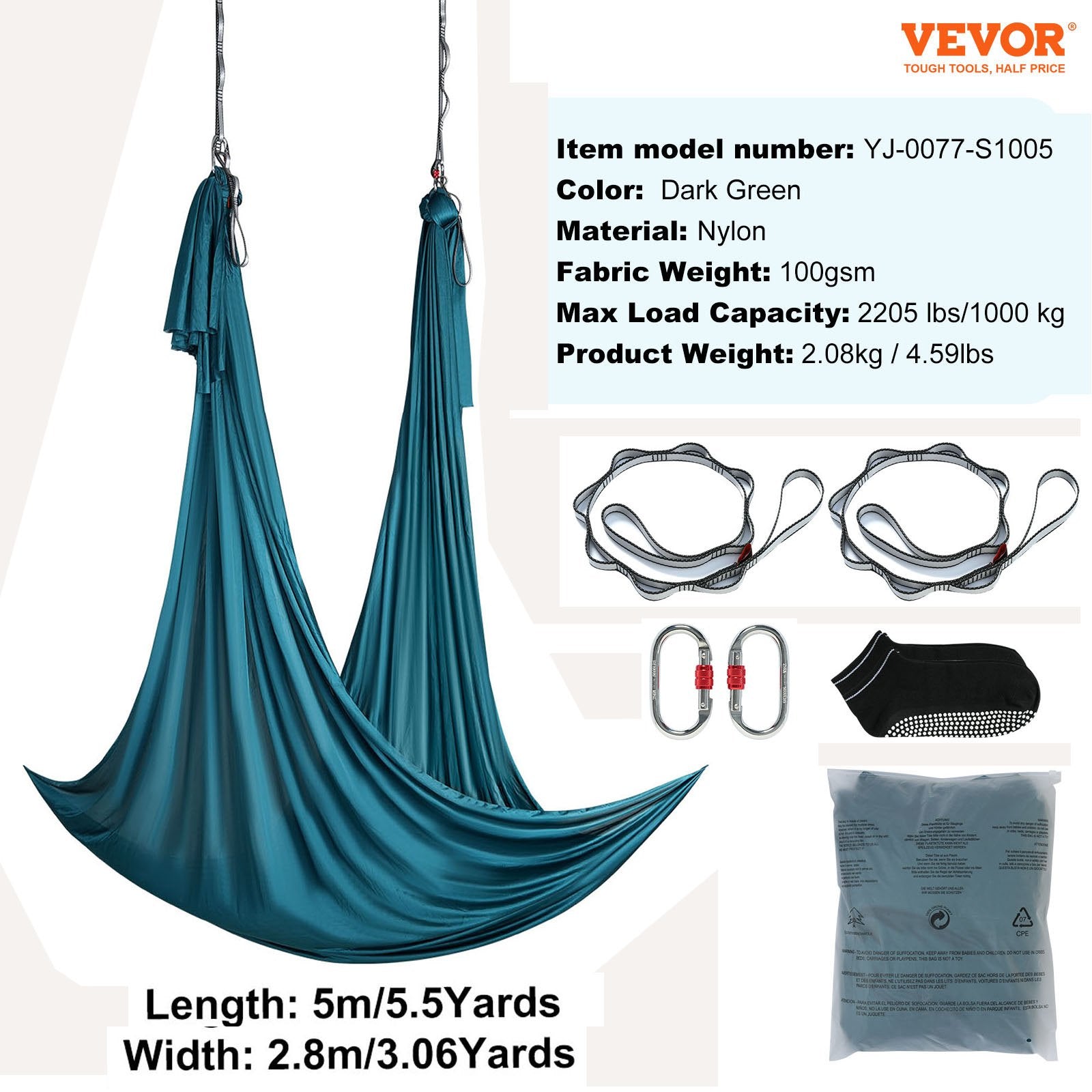 VEVOR Aerial Yoga Hammock & Swing, 5 m Length Aerial Yoga Starter Kit with 100gsm Nylon Fabric, Full Rigging Hardware & Easy Set-up Guide, Antigravity Flying for All Levels Fitness Bodybuilding, Green