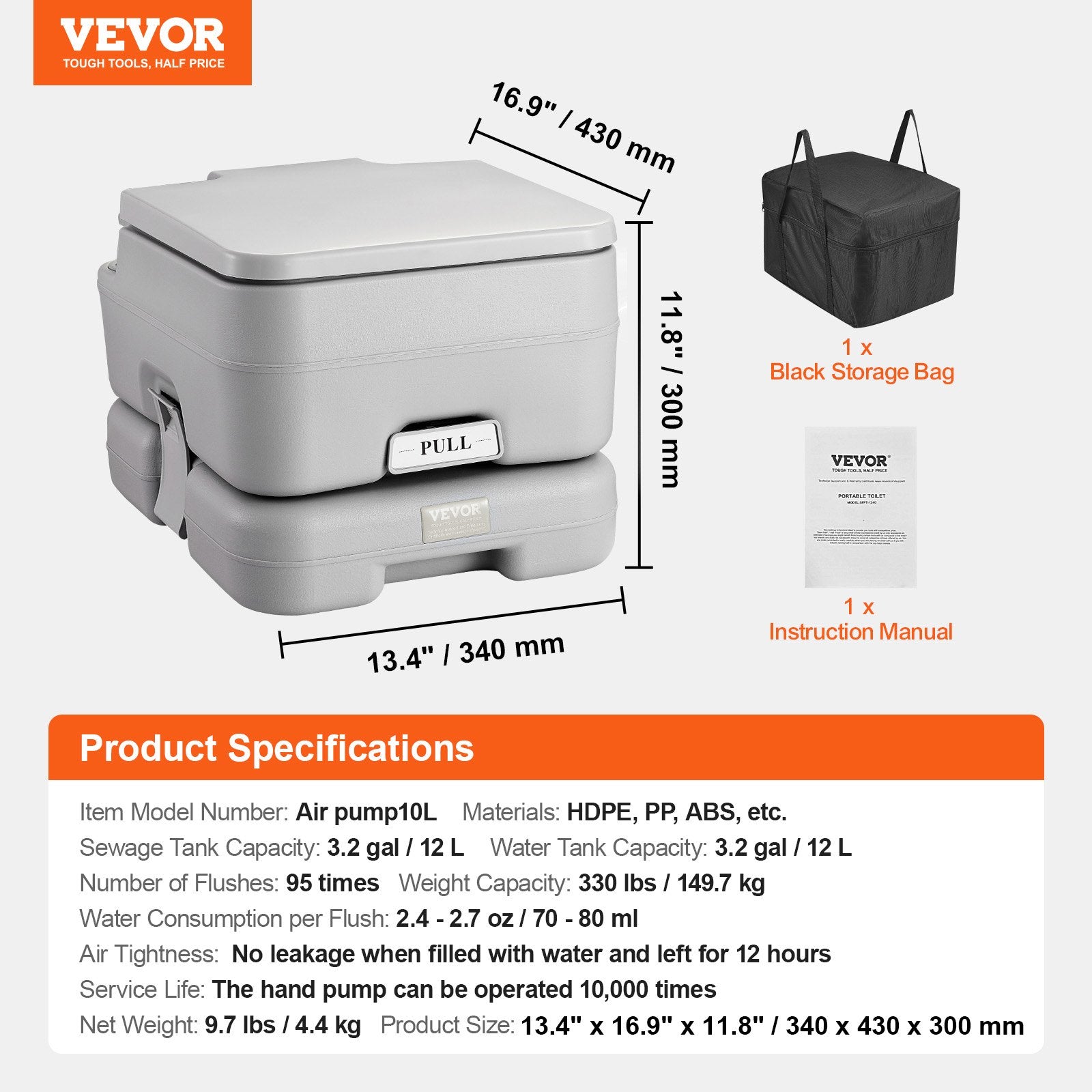 VEVOR Portable Toilet for Camping with Carry Bag, RV Toilet with 3.2 Gal Waste Tank, Push-Button Pressurized Flush Commode, Leak-proof and Odourless Travel Toilet for Adults Kids Camping Car