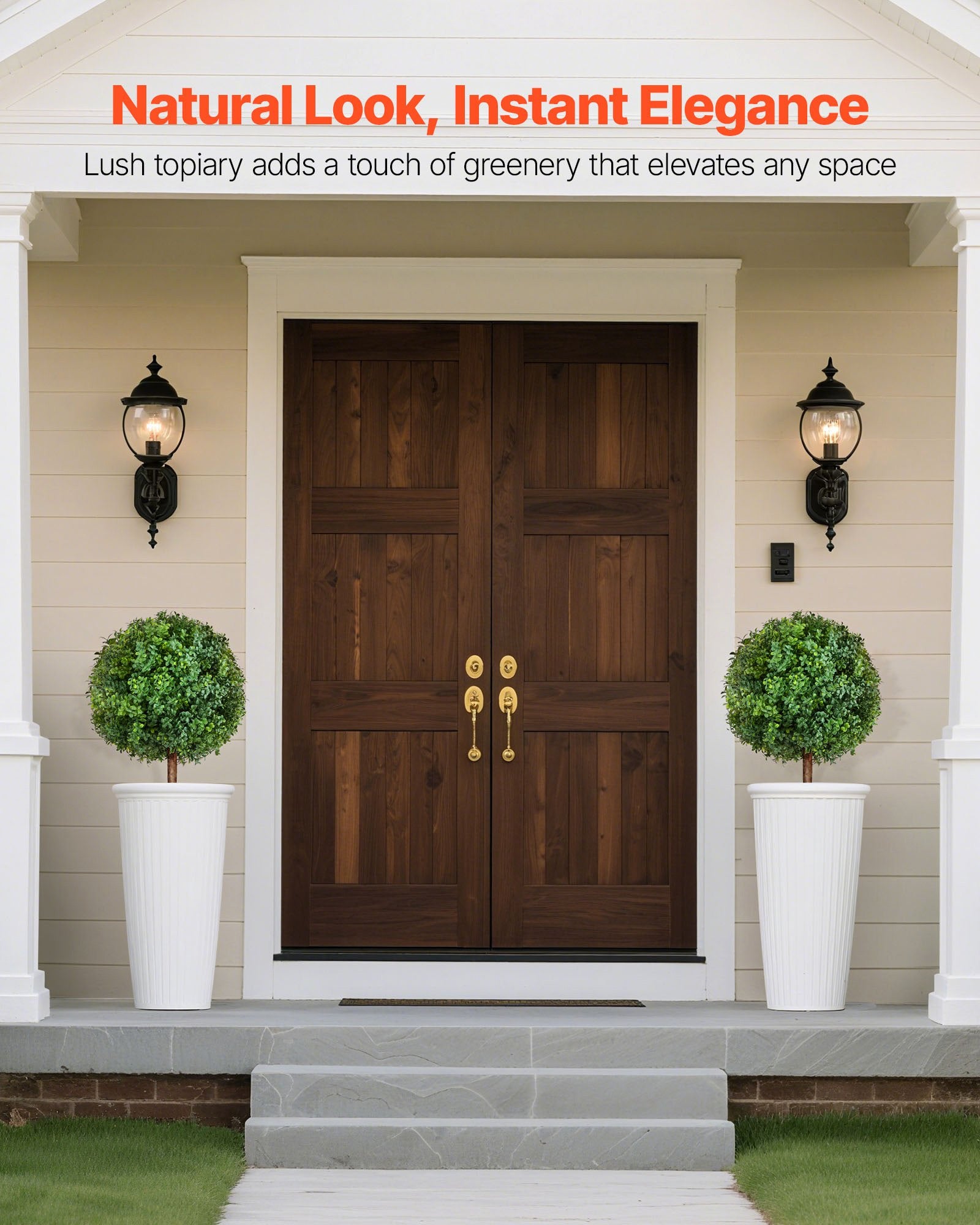 VEVOR Artificial Topiary Boxwood Trees with Ground Spike, 2 Set 686mm Faux Shrubs & Bushes Potted Plants, Fake Silk Tree Look Real for Decor Front Porch Outdoor Indoor Patio Garden Balcony Backyard