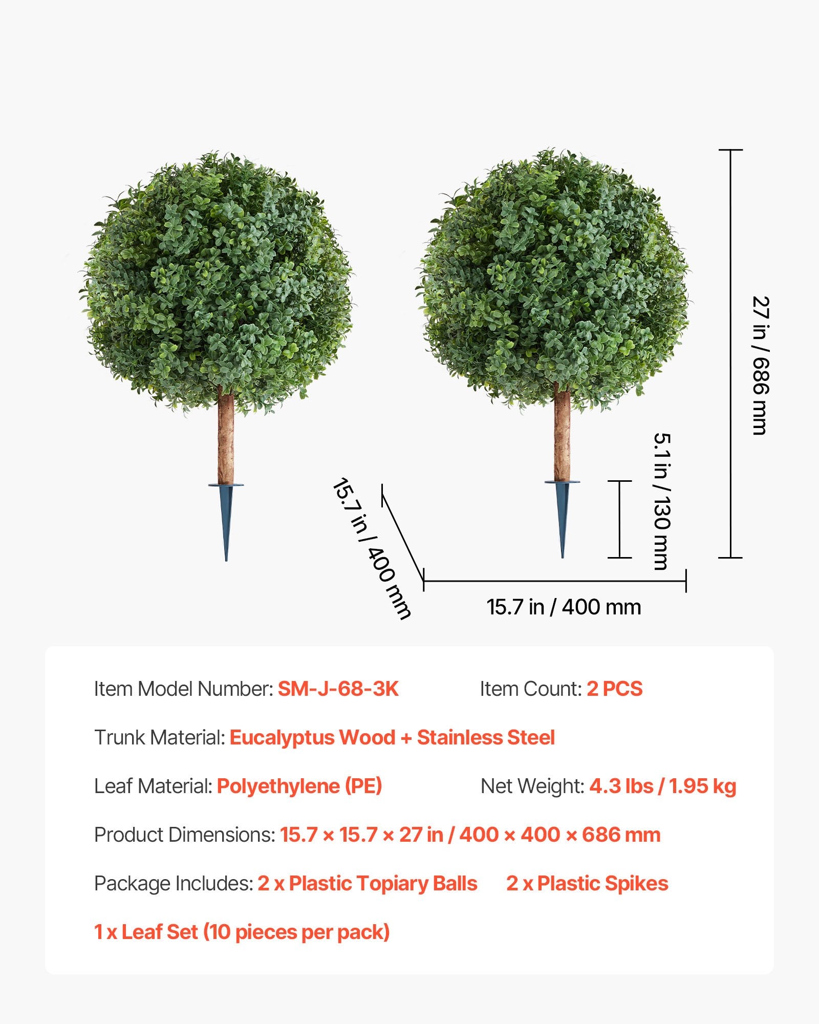 VEVOR Artificial Topiary Boxwood Trees with Ground Spike, 2 Set 686mm Faux Shrubs & Bushes Potted Plants, Fake Silk Tree Look Real for Decor Front Porch Outdoor Indoor Patio Garden Balcony Backyard