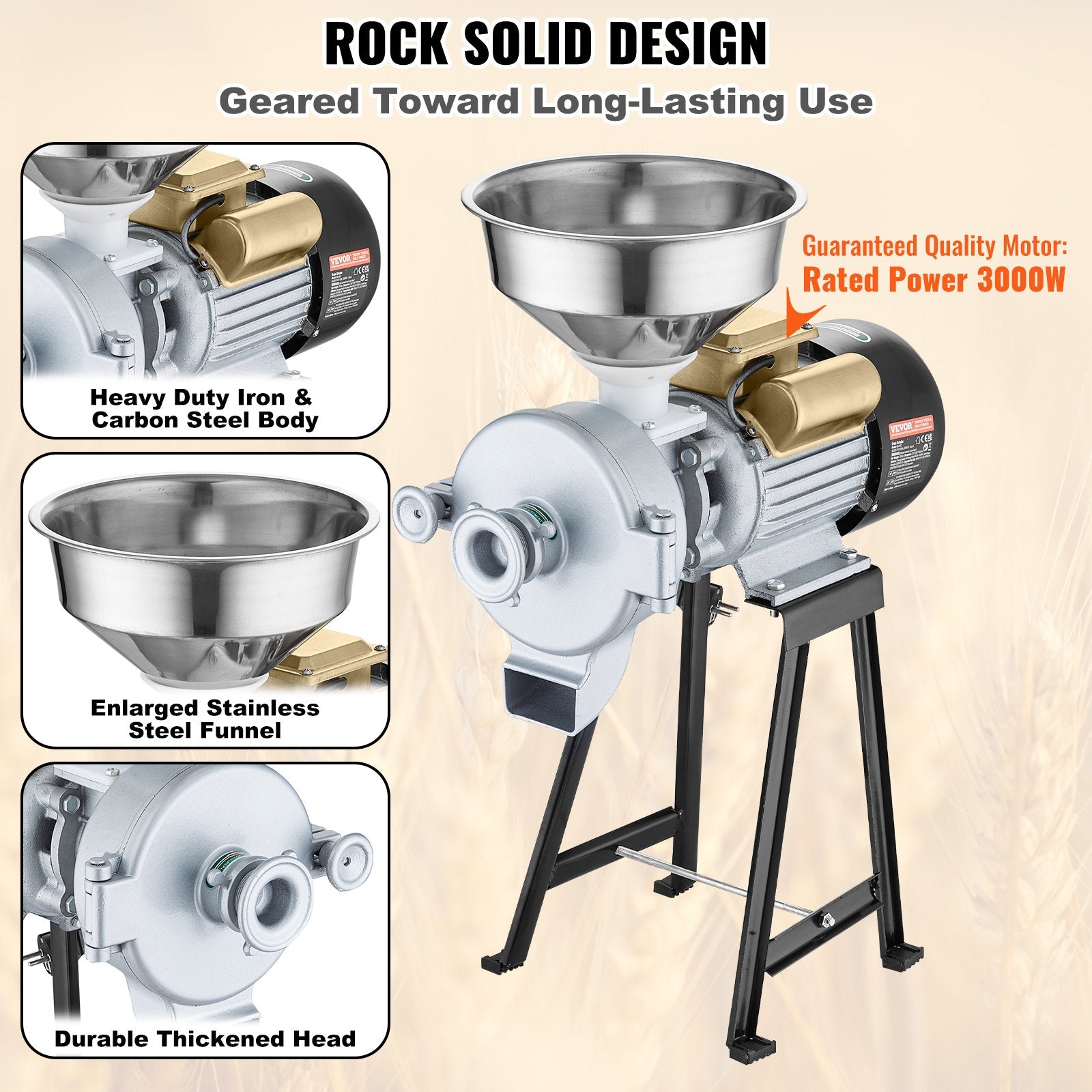 VEVOR 3000W Electric Grain Grinder Corn Wheat Flour Cereal Mill Wet & Dry