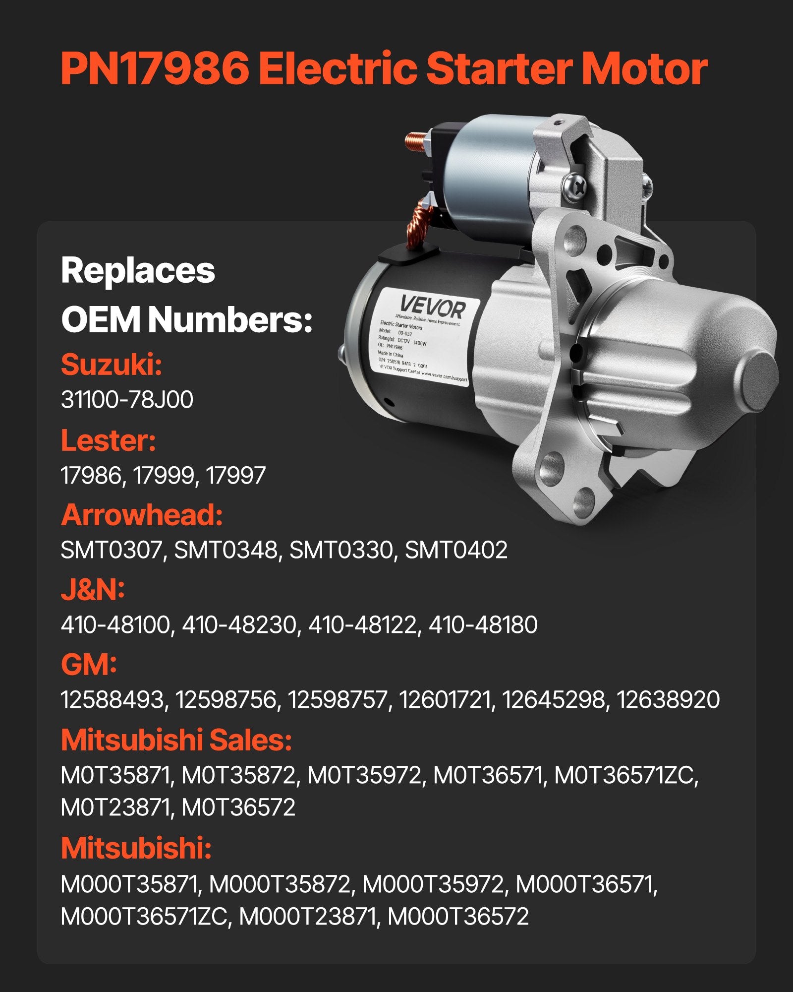 VEVOR Starter 17986, Starter Motor Replacement Compatible with Buick 3.6L V6 06-08, Cadillac SRX 3.0L V6 10-11, Chevrolet 3.6L V6 09-17, GMC Pontiac Saturn Suzuki, OEM 12588493 M000T35871 31100-78J00