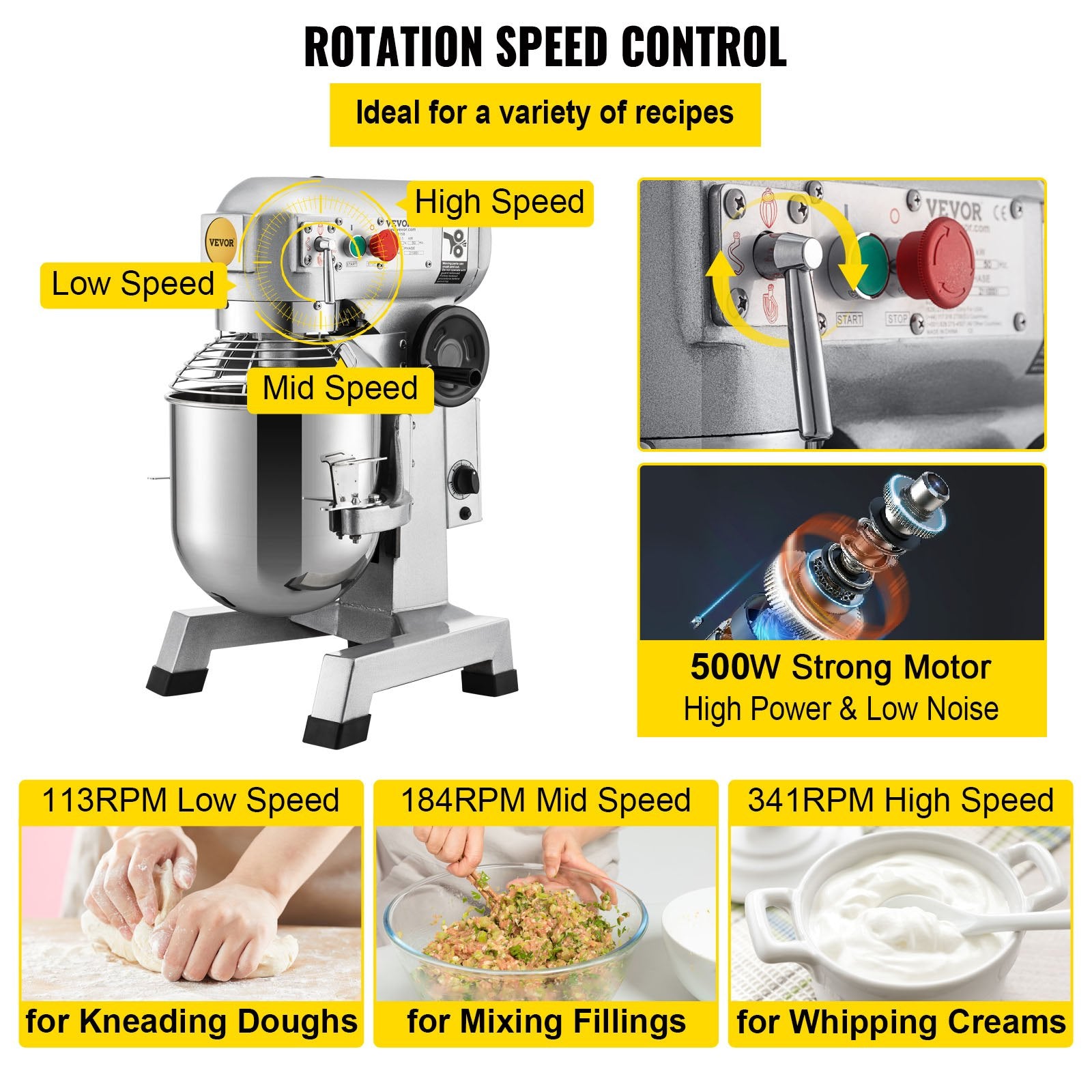 VEVOR Commercial Stand Mixer, 850W Heavy Duty Electric Food Mixer, 15Qt Stainless Steel Bowl with 3 Speeds Adjustable 113/184/341 RPM, Dough Hook Whisk Beater Included, Perfect for Bakery Pizzeria
