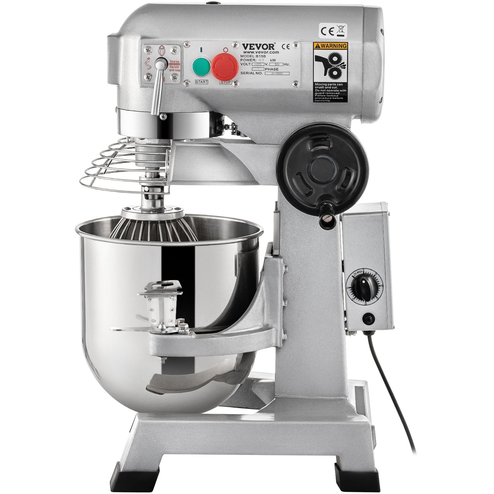 VEVOR Commercial Stand Mixer, 850W Heavy Duty Electric Food Mixer, 15Qt Stainless Steel Bowl with 3 Speeds Adjustable 113/184/341 RPM, Dough Hook Whisk Beater Included, Perfect for Bakery Pizzeria