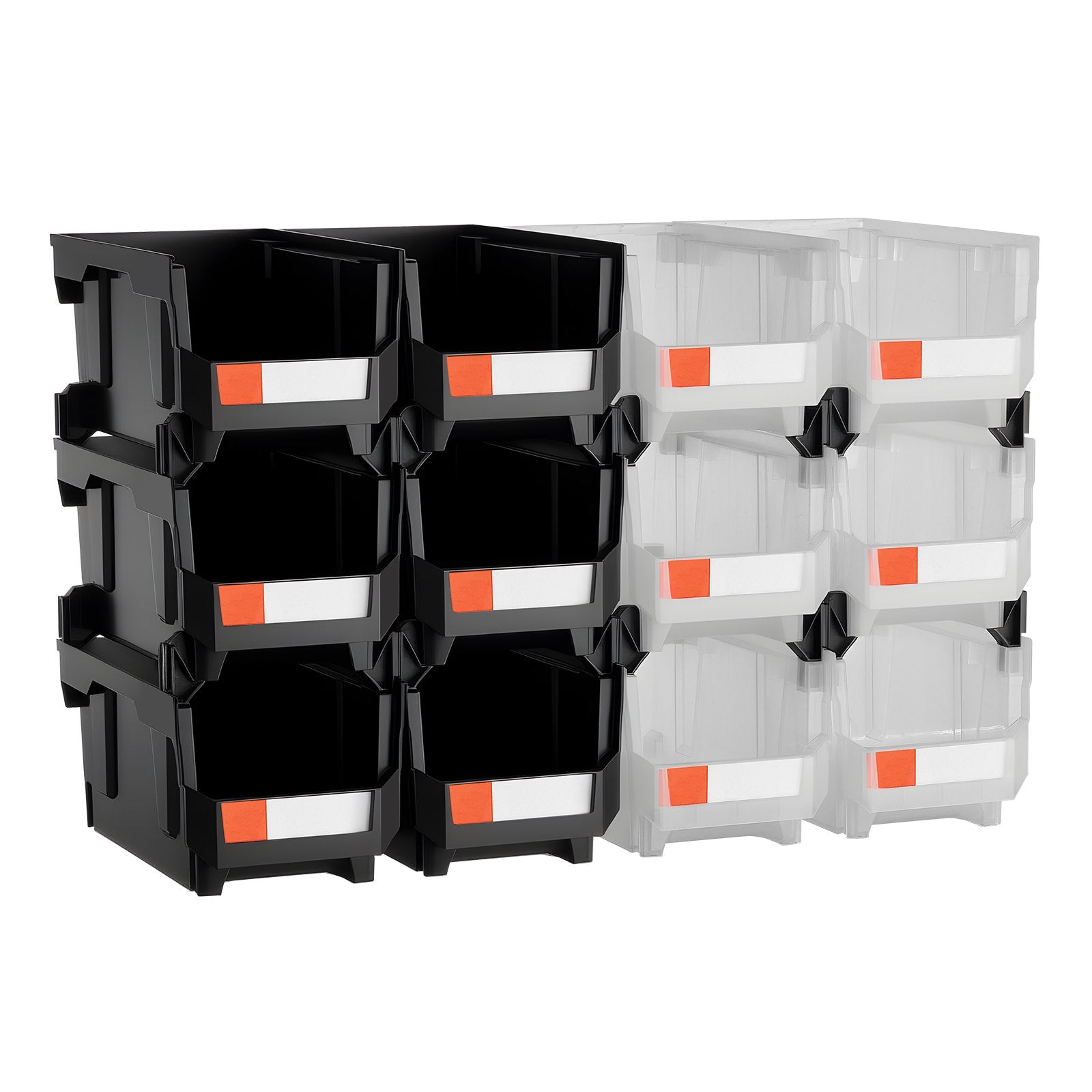 VEVOR Plastic Stackable Storage Bins, 37.7 x 21.5 x 18 cm (12 Pack), Plastic Containers for Organizing & Storage Bins for Garage, Small Parts, Office Supplies, Other Accessories, Black & Transparent