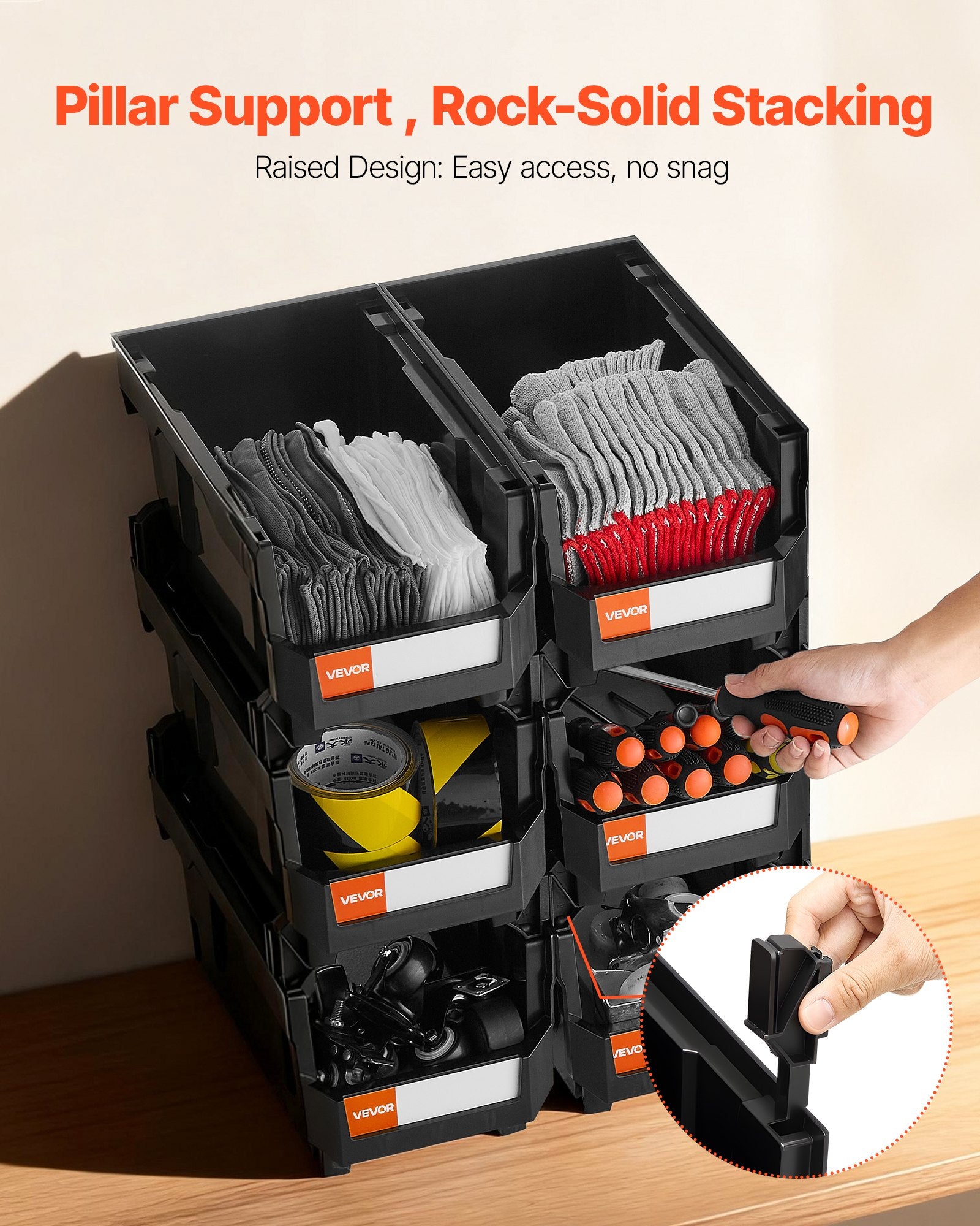 VEVOR Plastic Stackable Storage Bins, 37.7 x 21.5 x 18 cm (6 Pack), Plastic Containers for Organizing and Storage Bins for Closet, Garage, Small Parts, Office Supplies and Other Accessories, Black