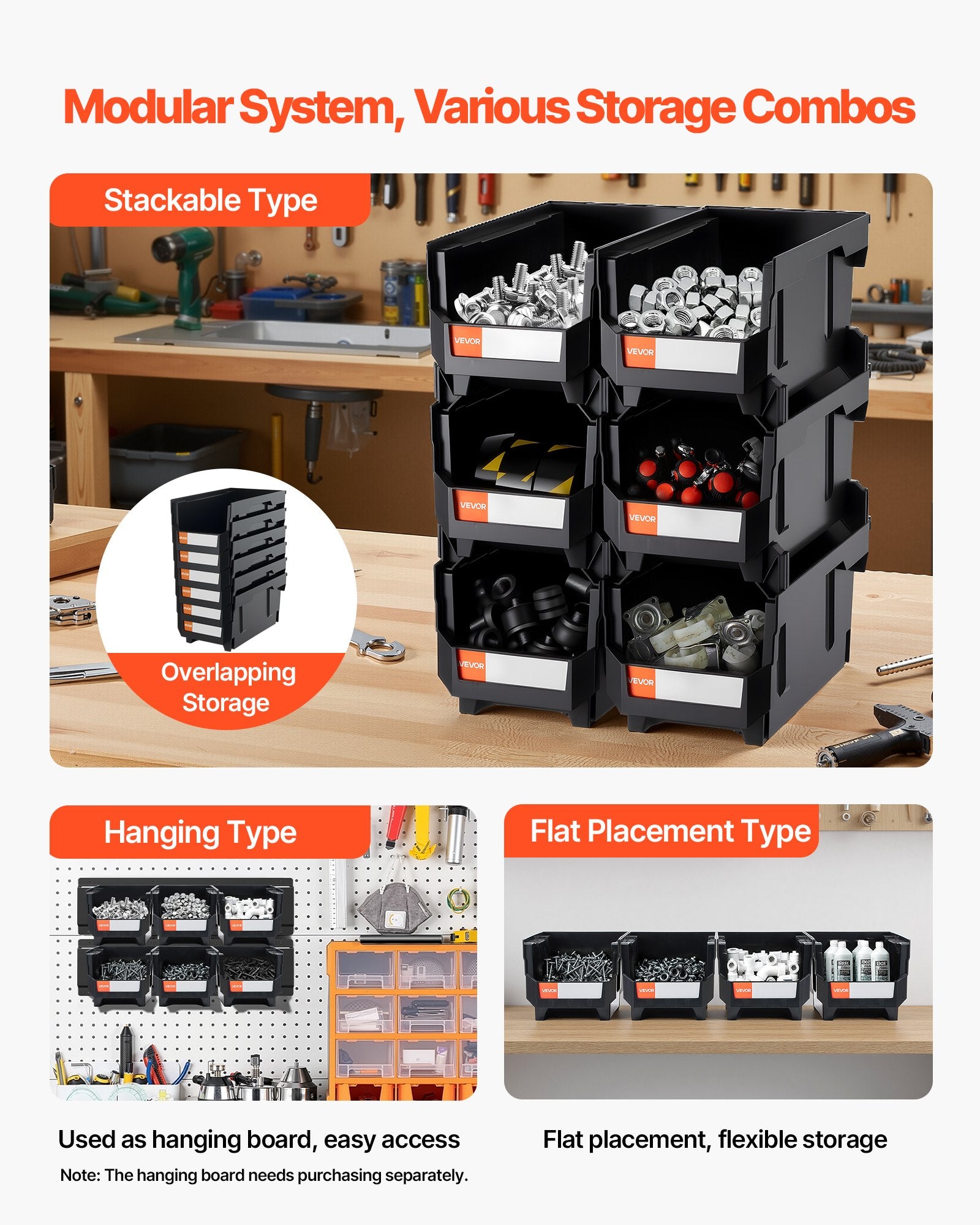 VEVOR Plastic Stackable Storage Bins, 37.7 x 21.5 x 18 cm (6 Pack), Plastic Containers for Organizing and Storage Bins for Closet, Garage, Small Parts, Office Supplies and Other Accessories, Black