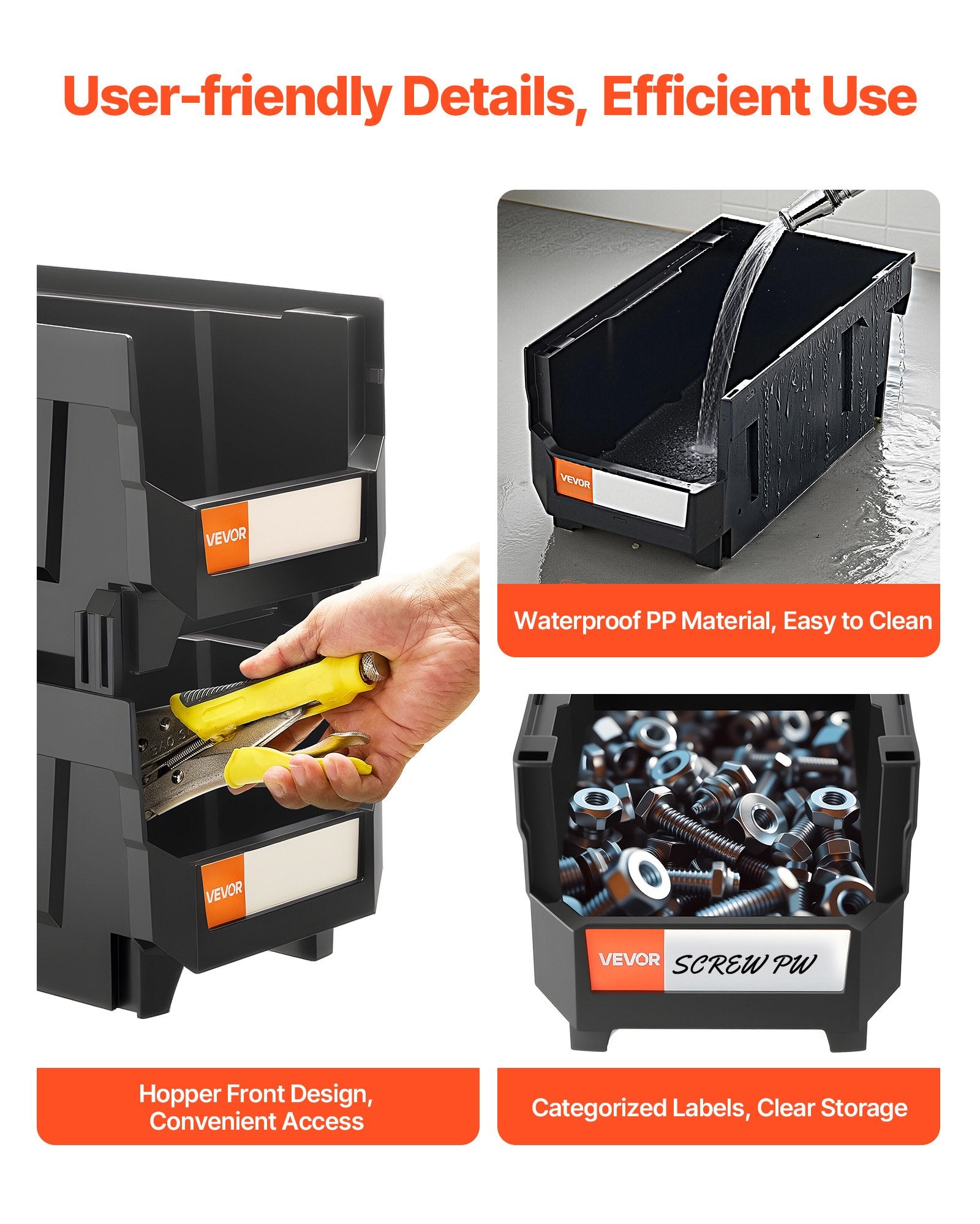 VEVOR Plastic Stackable Storage Bins, 37.7 x 21.5 x 18 cm (6 Pack), Plastic Containers for Organizing and Storage Bins for Closet, Garage, Small Parts, Office Supplies and Other Accessories, Black